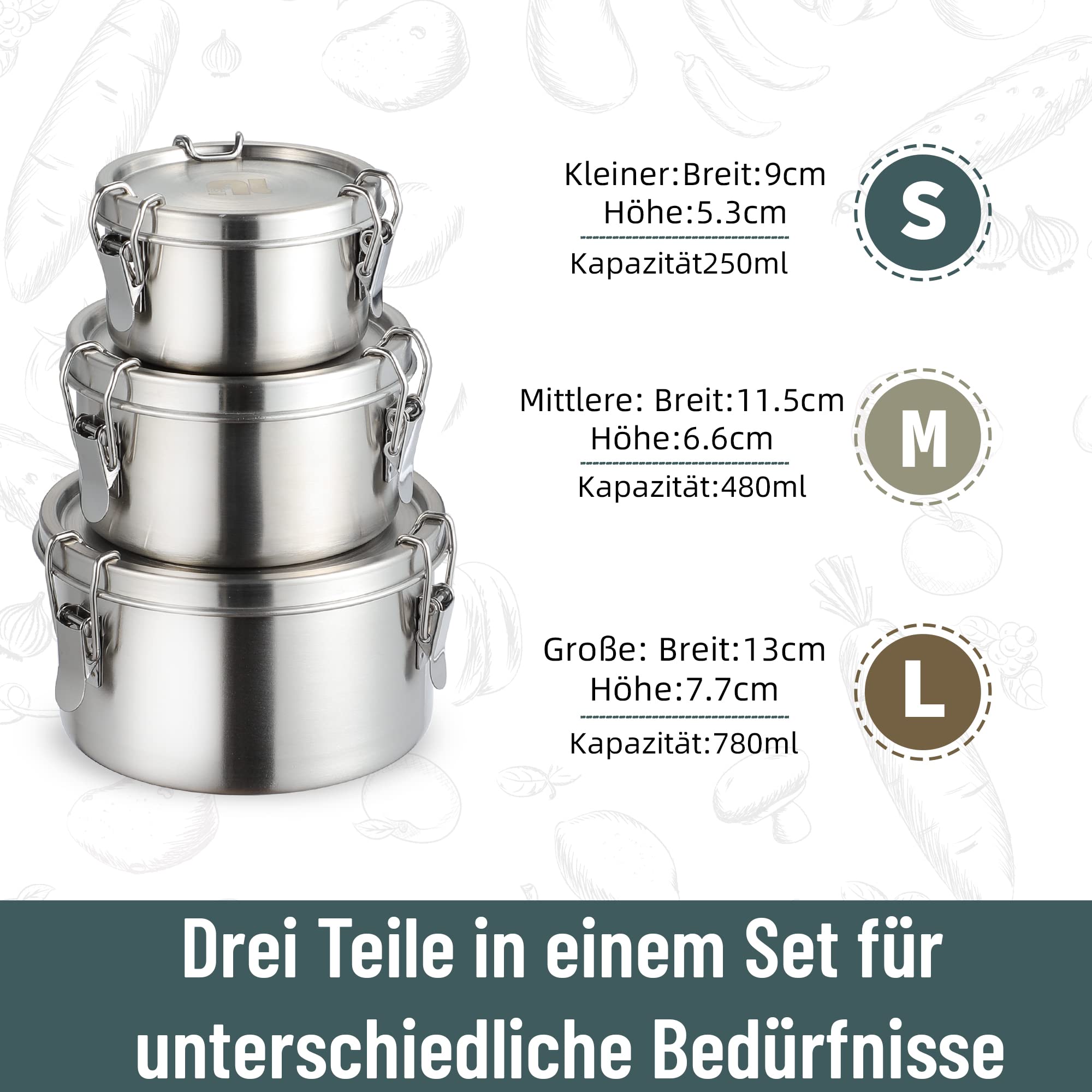 nicelock Brotdose Edelstahl(3 Stück) Erwachsenen Lebensmittelbehälter Kinder Lunchbox Edelstahl Klein Rund Dosen Geeignet für Snacks Obst, Müsli, Suppen und Hauptmahlzeiten etc.