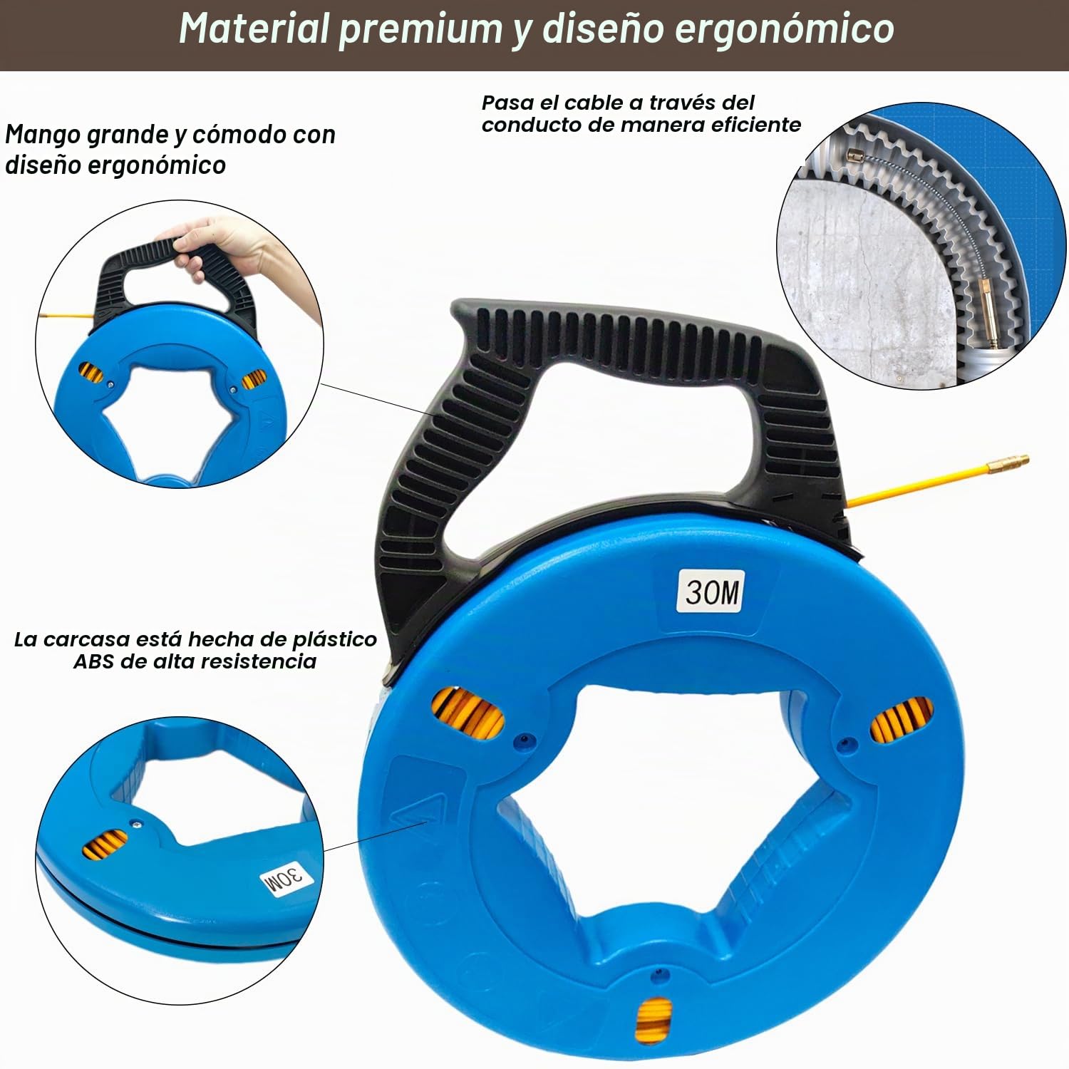 Cinta retráctil Guia Pasacables Trenzada 30m Guia Cables 4mm Alambre De Tracción Fibra de Vidrio Ayuda de Extracción de Cables para Tirar de Cable Guía Enhebrador de Alambre Electrico con Carcasa