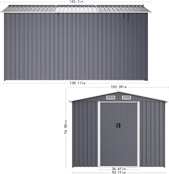 KEIKI 8X 12 FT Metal Storage Shed Outdoor, Large Garden Shed with Roof & Lockable Door, Utility Tool Sheds Frame & Air Vent for Patio Backyard Bicycles Storage House, All Weather Use, Grey