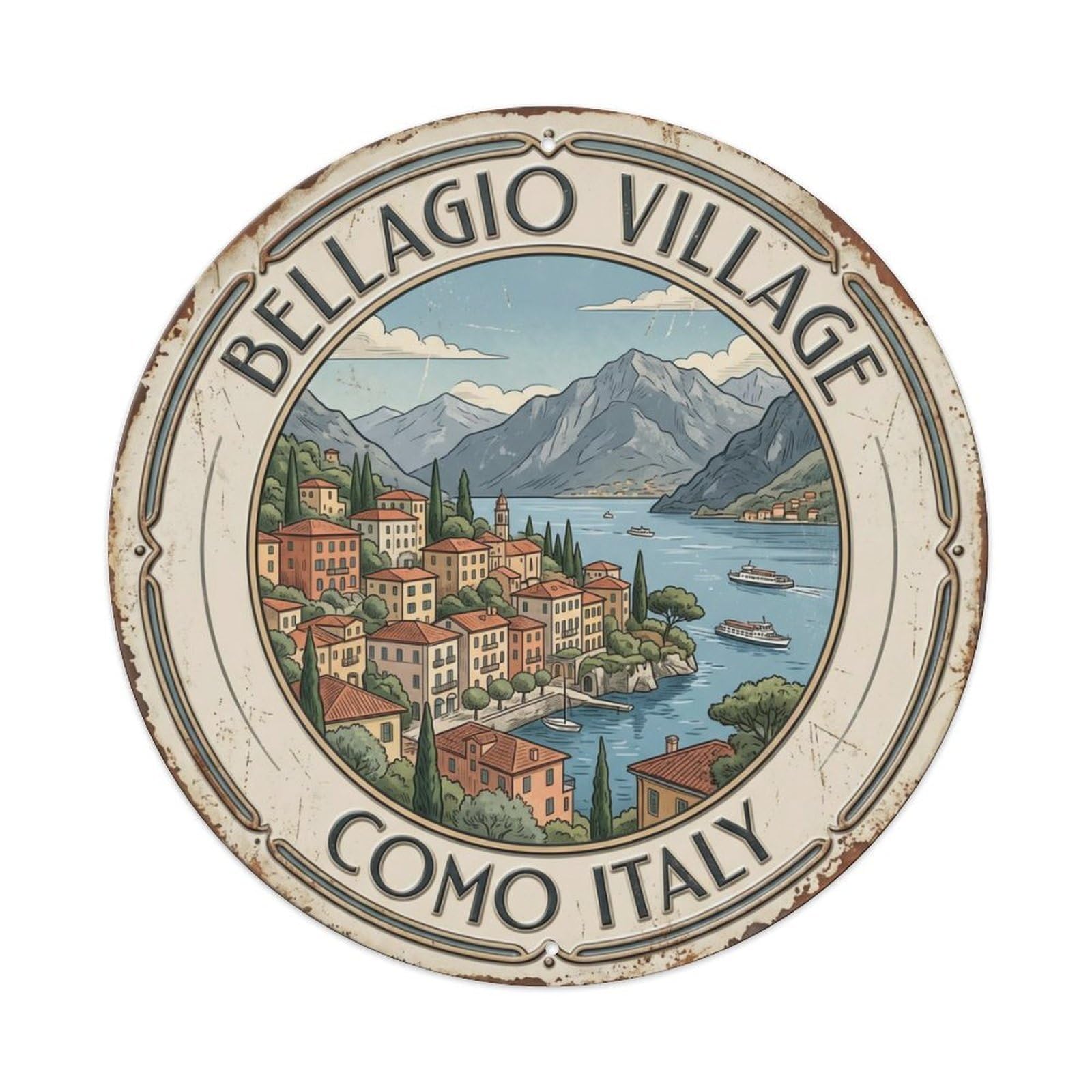 Bellagio Village Como Italy Lakeside Metal Tin Sign Plaque Wall Decor for Cafe, Club Bar, Office, Home Garden Round Metal Poster 8x8Inch