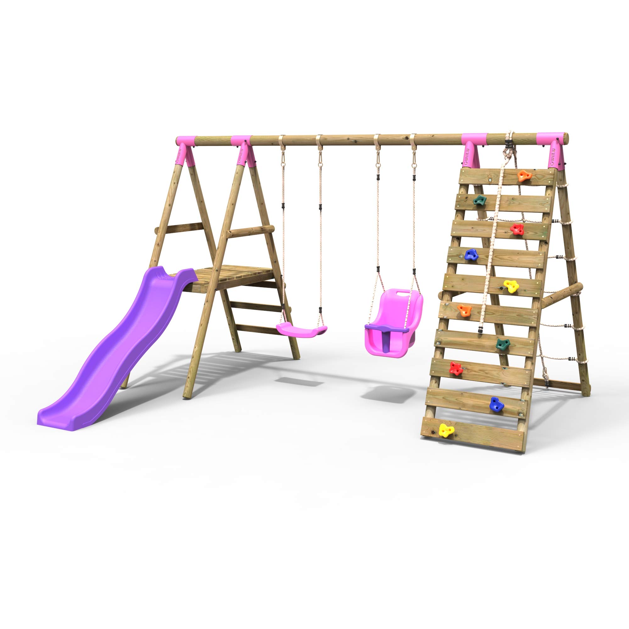 Rebo Wooden Swing Set With Deck And Slide Plus Up And Over Climbing WallMoonstone Pink from B&Q