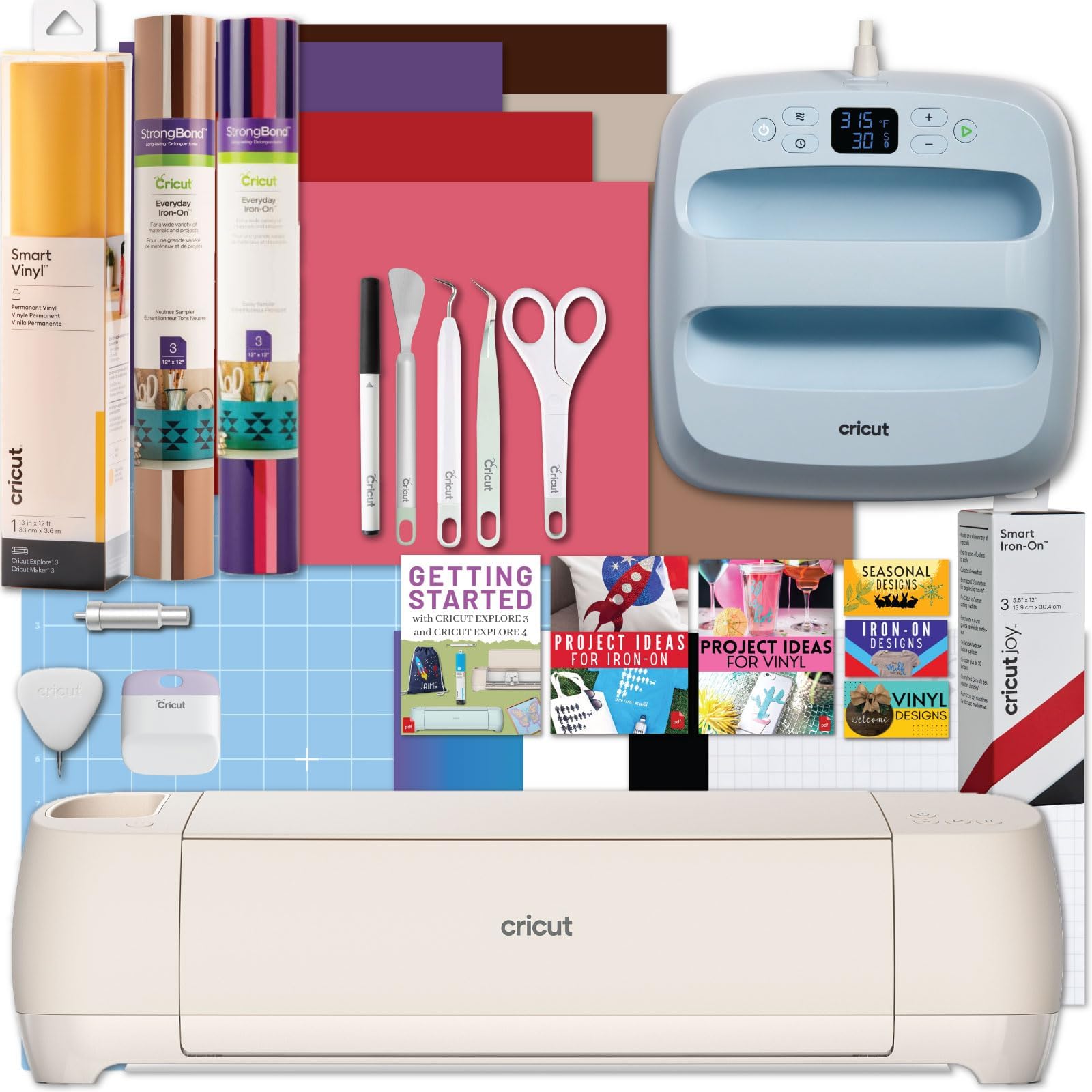 Cricut Explore with Easy Press 3 Machine and Iron-On Sheets Combo Bundle - Craft Cutting Machine and Heat Press Combo, Cricut Machine Kit for Beginners, DIY Apparel and Tote Bags, HTV Materials