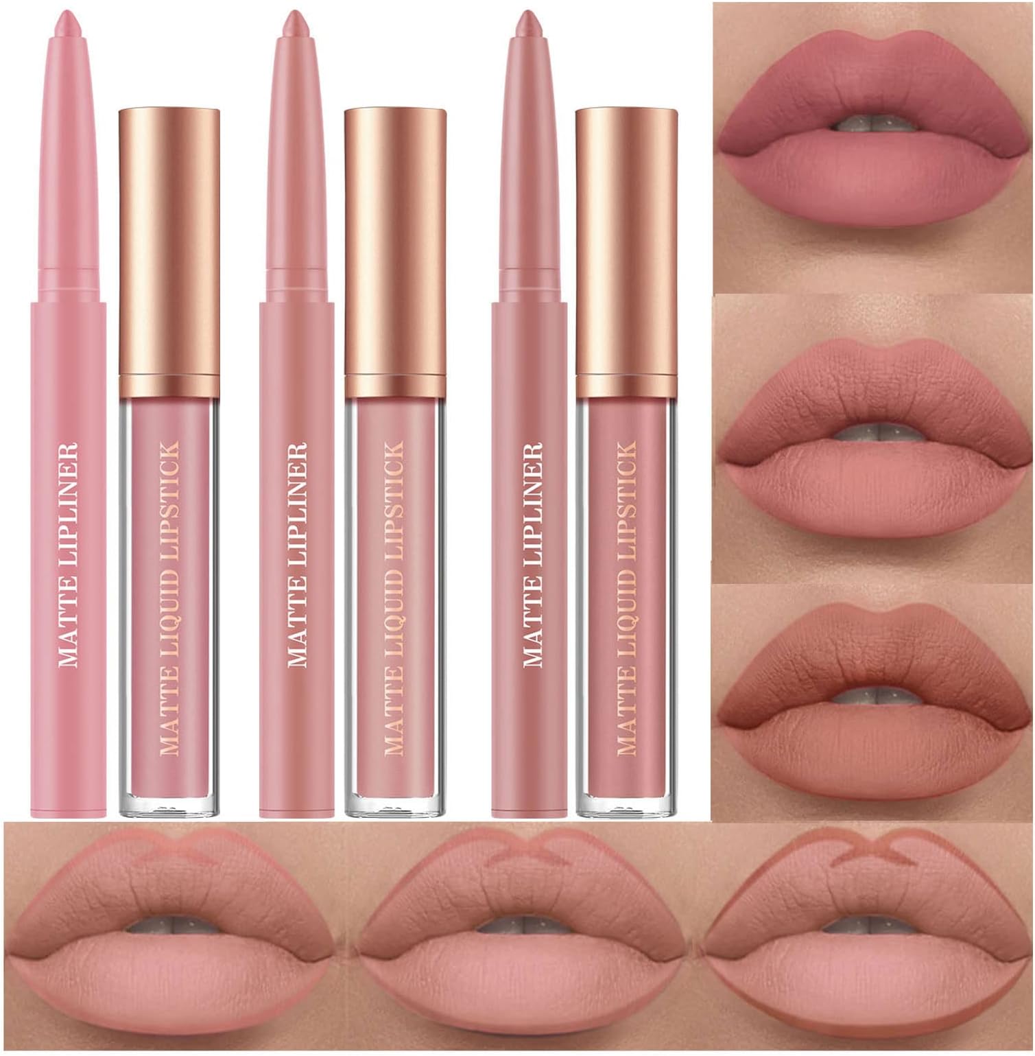 BestLand 6Pcs Matte Liquid Lipstick and Lip Liner Set, Non-Stick Cup Not Fade Waterproof 24 Hour Lip Gloss Nude Brown Lip Liner Pencil for Women, labiales mate 24 horas originales (Set E)