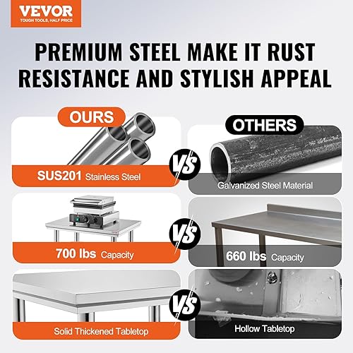 Miniatura 2 de Vevor - Mesa de trabajo de acero inoxidable de 35.433 x 23.622 x 31.496 in y metal resistente con patas ajustables para restaurante, hogar y hotel