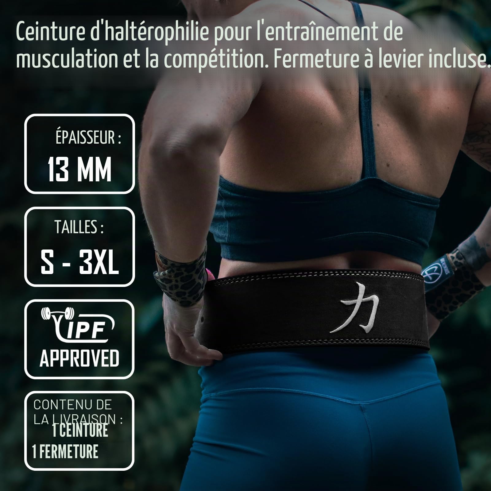 Strength Shop Ceinture de force musculation 13 mm avec boucle à levier, Certifié IPF, ceinture musculation homme et femme, robuste et durable, stabilise le tronc et la colonne pendant l'entraînement