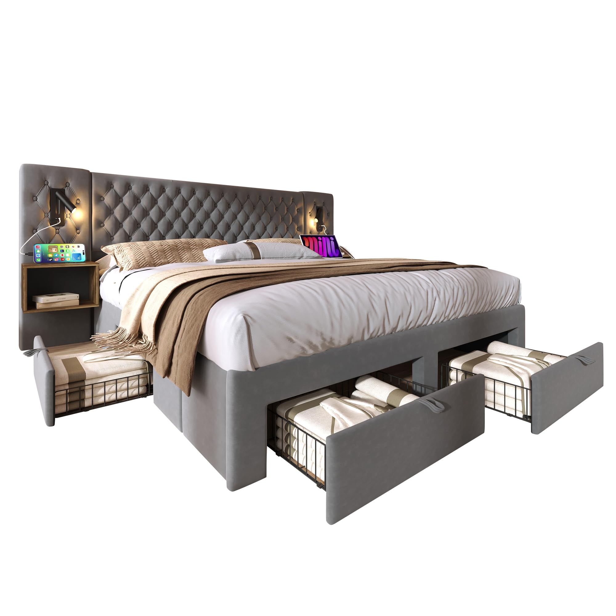Ensemble complet de lit pour chambre à coucher, lit double rembourré, 180 x 200 cm, avec 2 tables de chevet et 4 tiroirs, gris, velours (sans matelas)