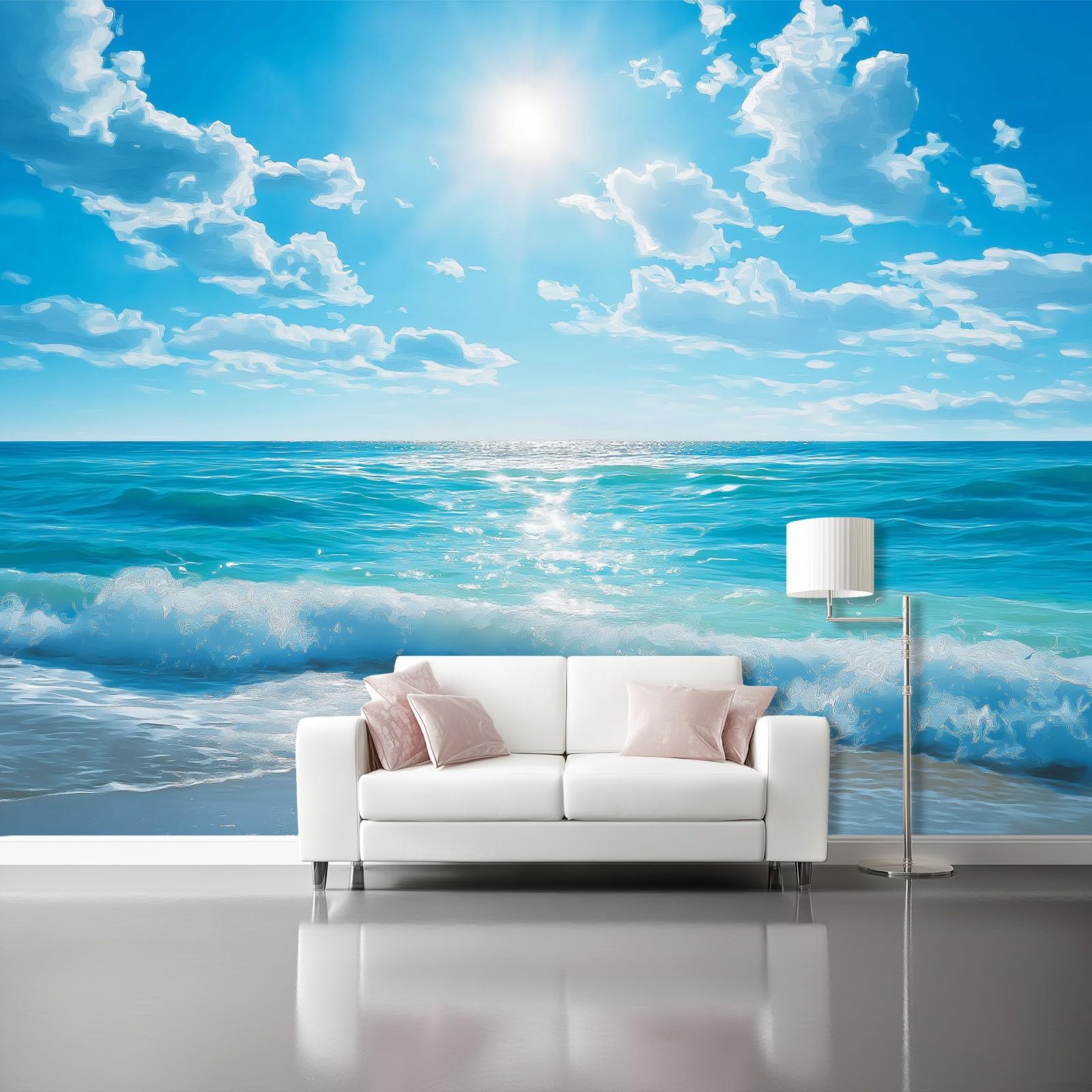 Tapeta z włókniny 350 x 256 cm, naturalne fale, słońce, dekoracja ścienna do dużego pokoju młodzieżowego, niebiesko-biała