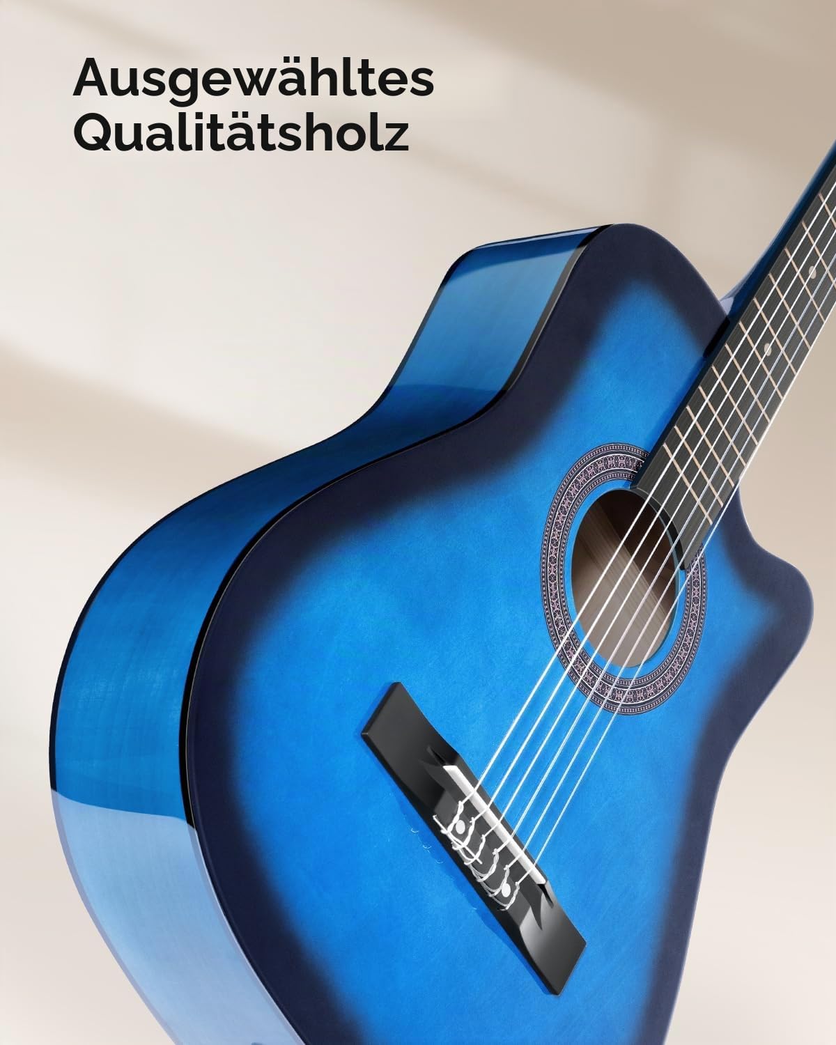 Moukey Akustikgitarre für Anfänger, Kinder, Jugendliche, Erwachsene, Cutaway-Gitarre, Acustica-Kit mit Akkord-Poster, Gigbag, Stimmgerät, Plektren, Nylonsaiten, Kapodaster, Gurt, Blau