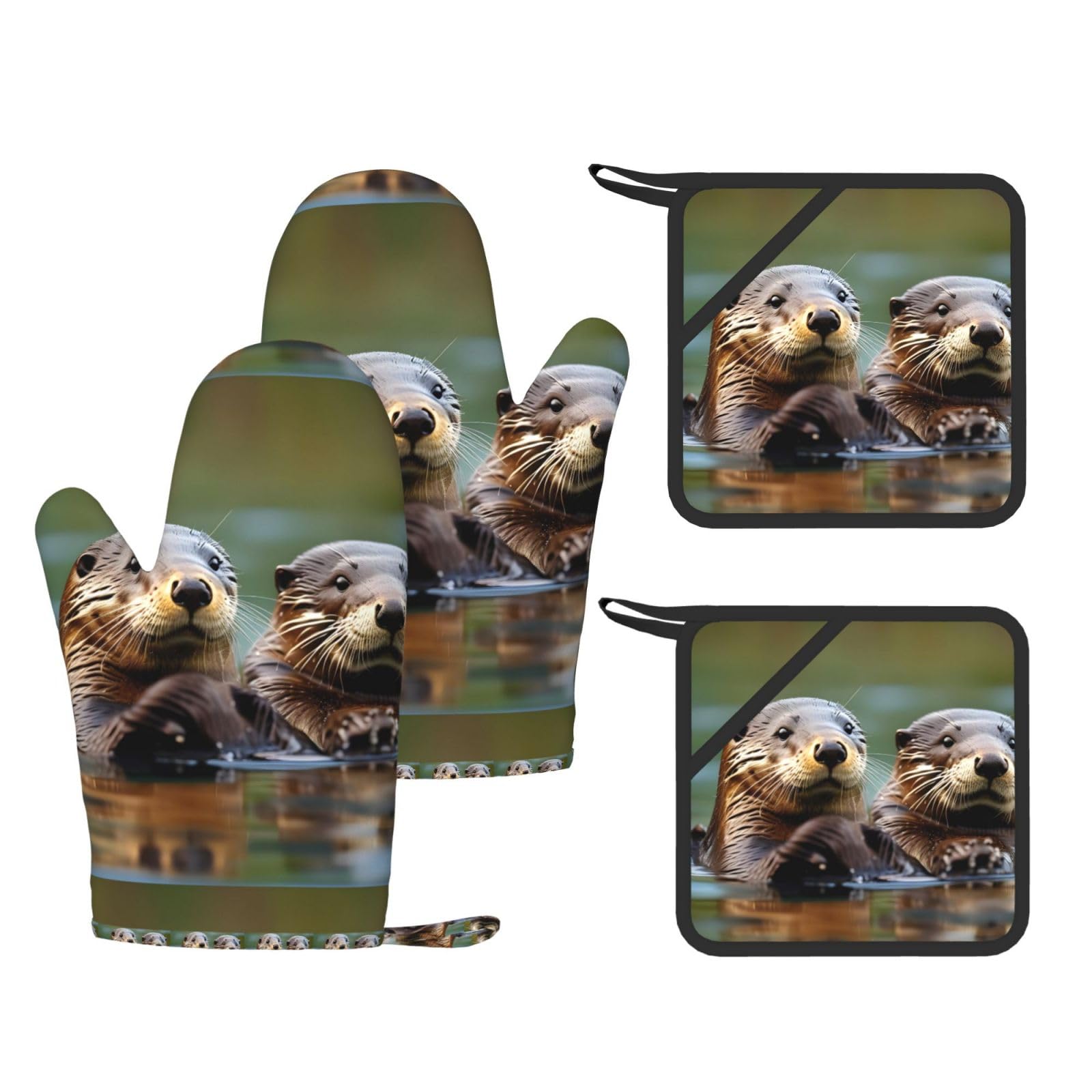 Otters Print Kitchen Heat Resistant Set,Cooking Kit With Hanging Loop For Baking & Bbq