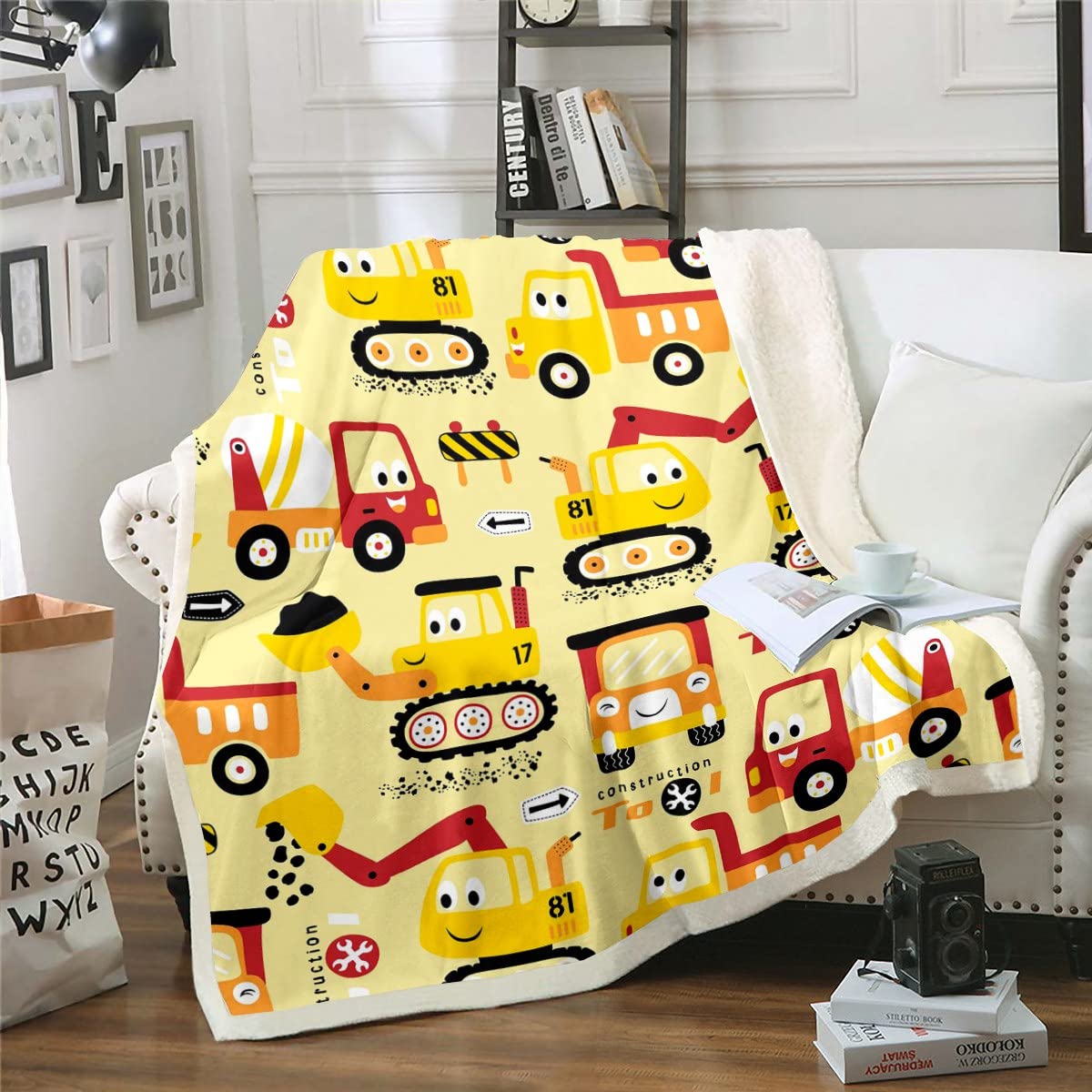 Coperta in pile Sherpa per veicoli e camion, per bambini, ragazzi, ragazze, escavatori, trattori, coperta gialla sfocata per divano letto, Queen 200 x 200 cm