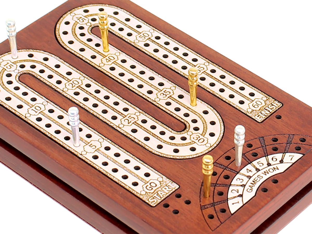 House of Cribbage - 2 Track - Wooden Travel - Pocket Size Cribbage Board - Size: 4.75 Inch - Storage Space for Cribbage Pegs - Score Marking Fields for Won Games - 60 Points - Non Continuous