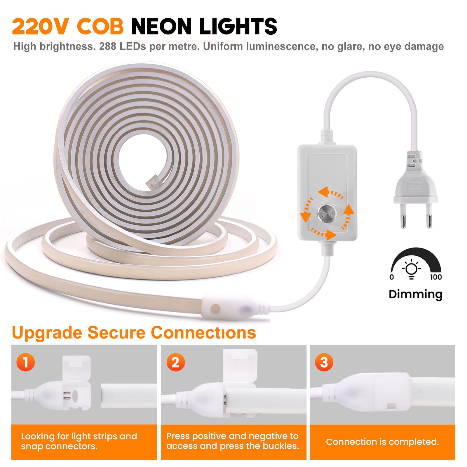 XUNATA Regulables Tiras de Neón COB de Silicona Flexible 220V, Alto brillo IP65 Impermeable LED Luz de Cuerda con Alimentación (22m, Blanco Cálido)