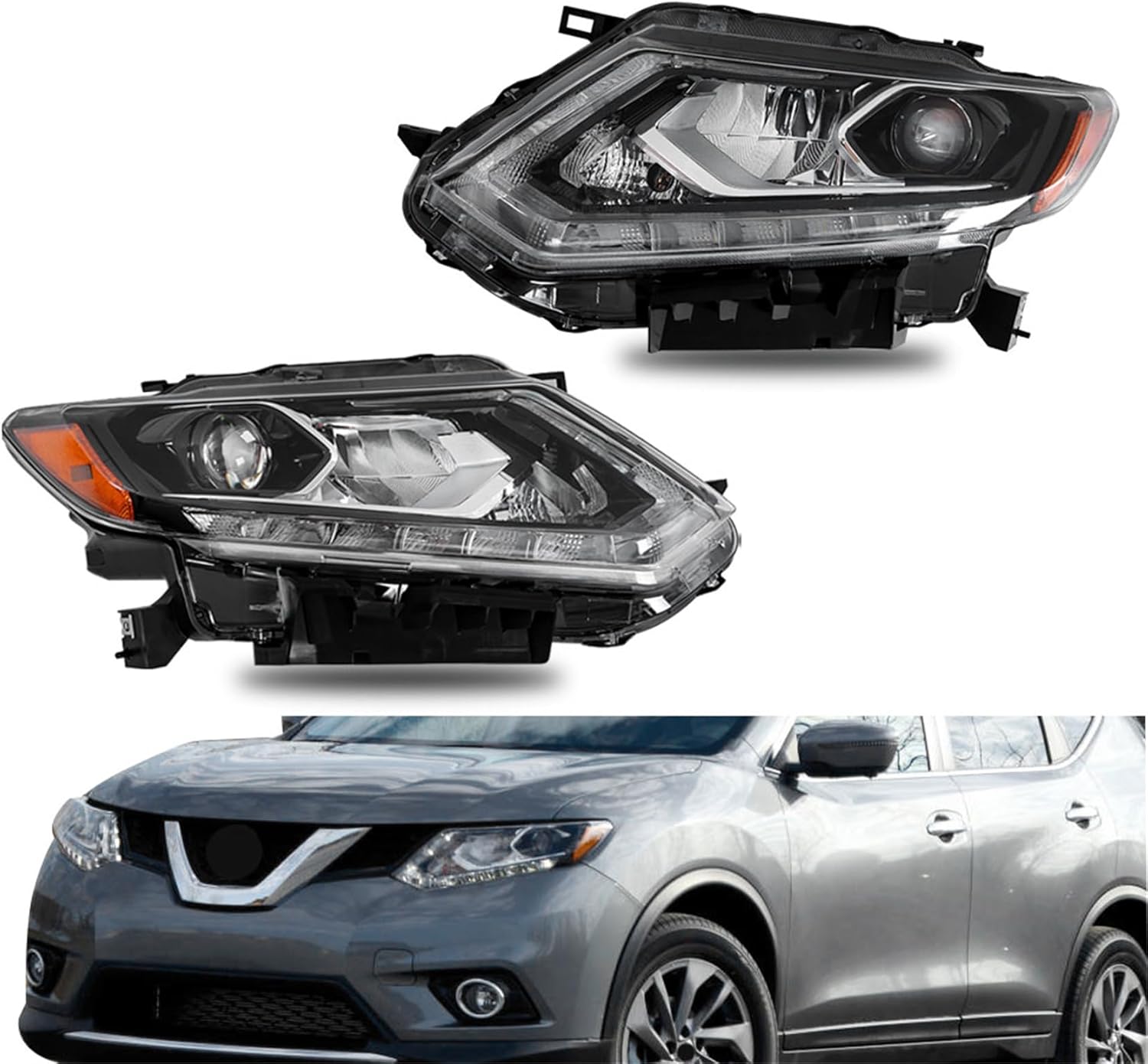 Silscvtt Headlights Assembly Replacement for Nissan Rogue 2014-2016 Black Housing Reflector Headlamp Driver and Passenger Side 26010-4BA5A 26060-4BA5A