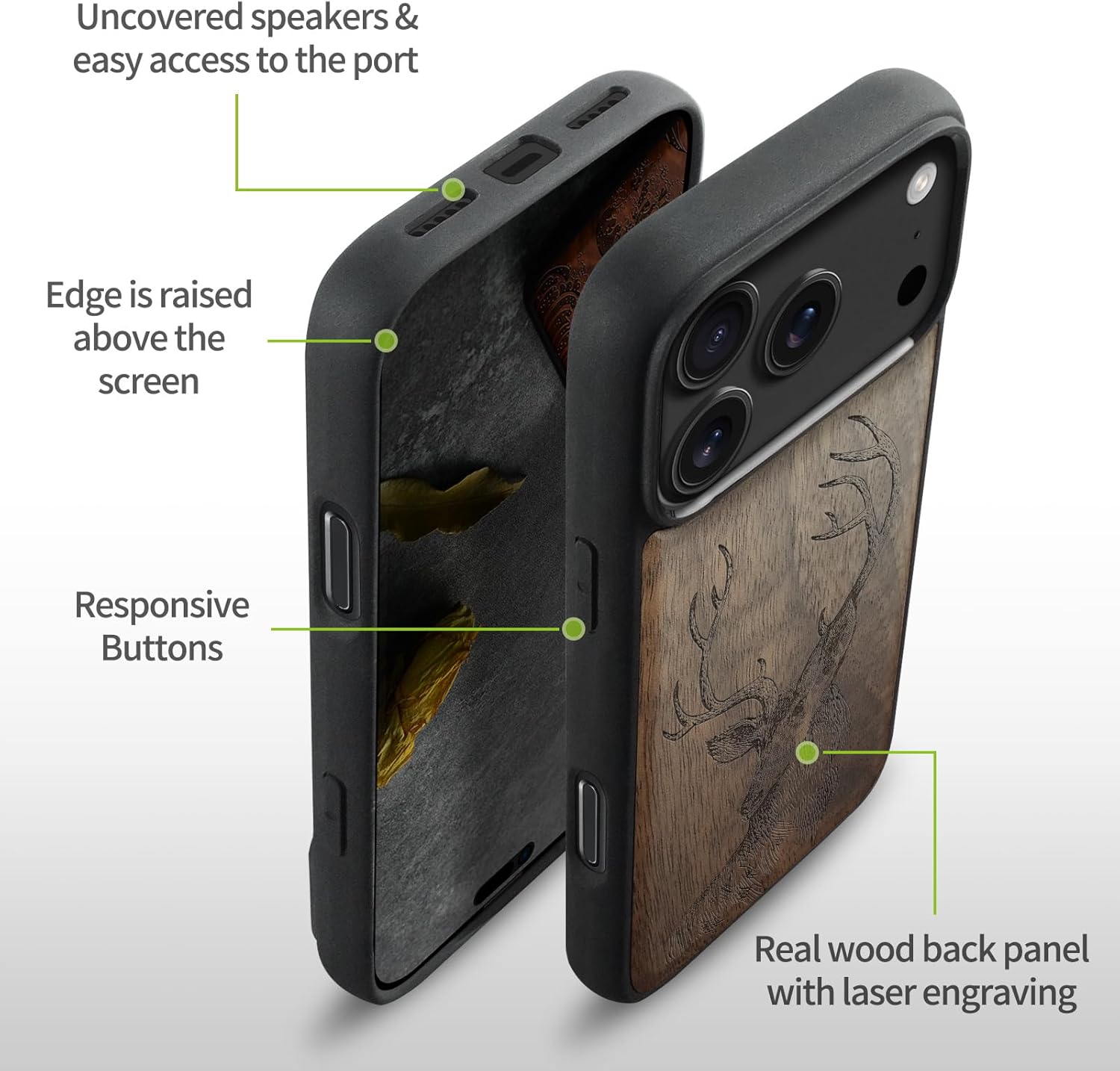 Carveit Magnetic Wooden Case for iPhone 17 Pro Case, Wood Artisan Engraved & Black Soft TPU Shockproof Cover, Compatible with MagSafe Wireless Chargers (Deer Head) Walnut