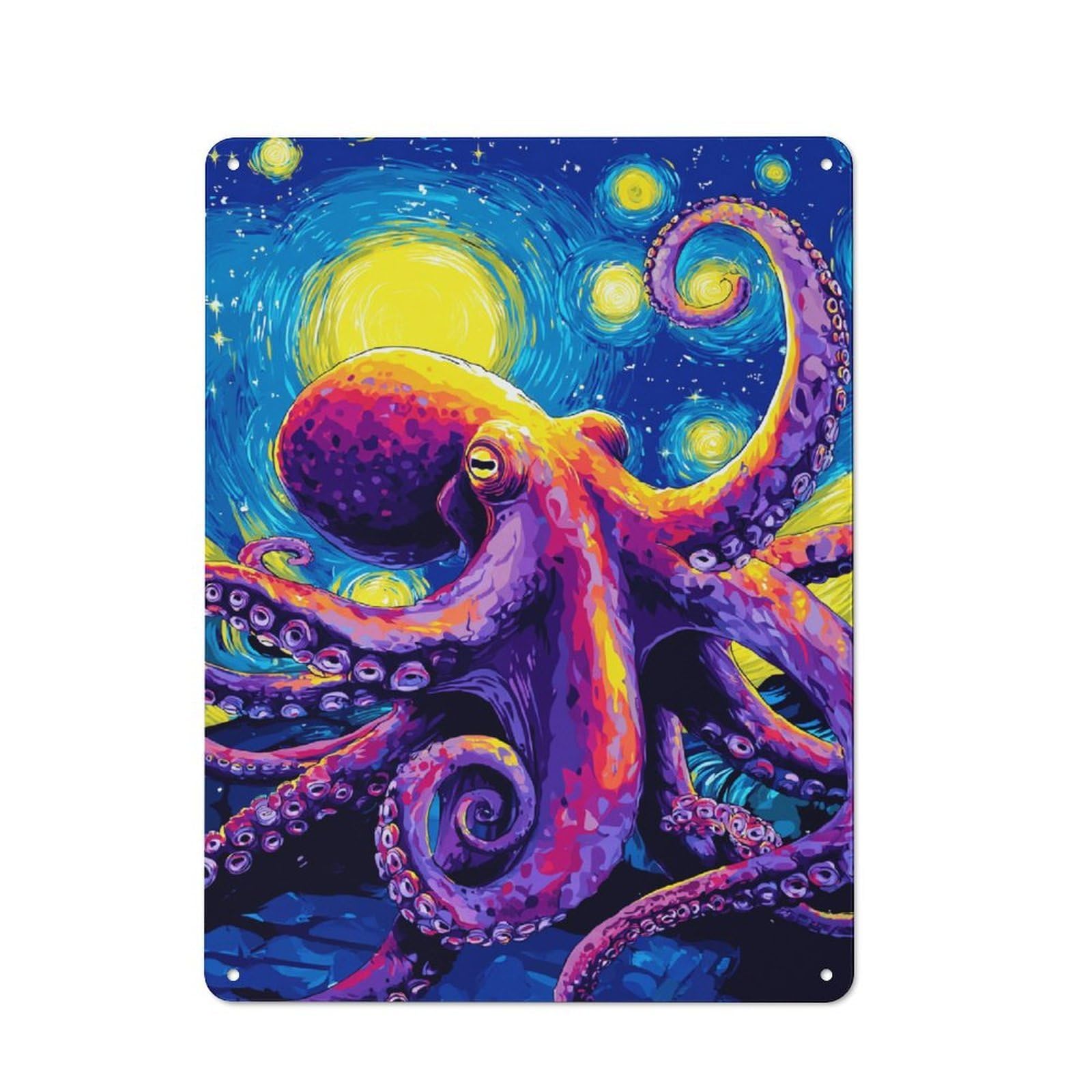 Junmoney Vibrant Octopus In Starry Sky Metal Plaque With Design 40X30cm, Cosy Diner Style Decor For Coffee Bar, Kitchen, Bistro Or Tea Corner
