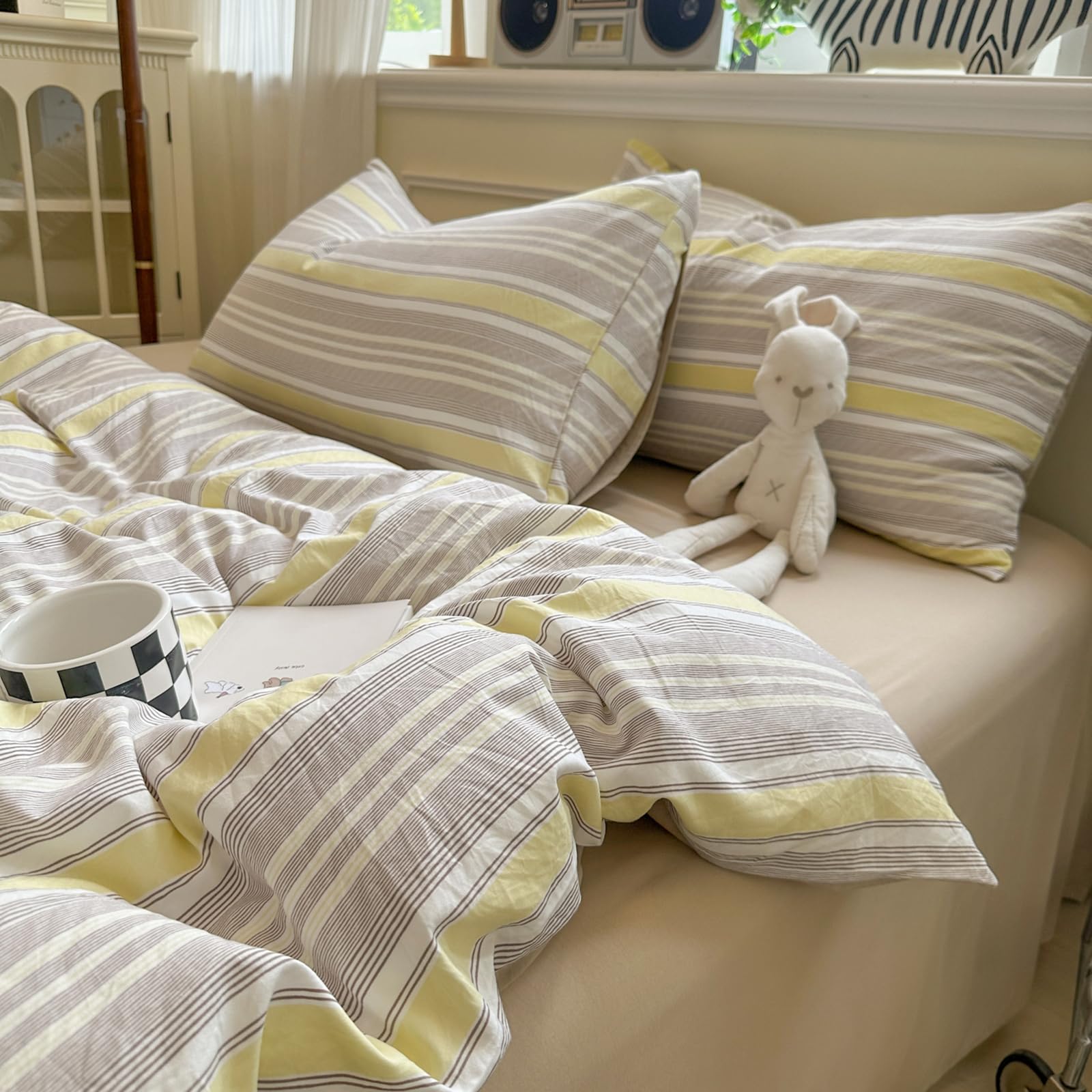 VM VOUGEMARKET Striped Duvet Cover Set,Twin XL(68"x90"),Yellow Grey Stripes
