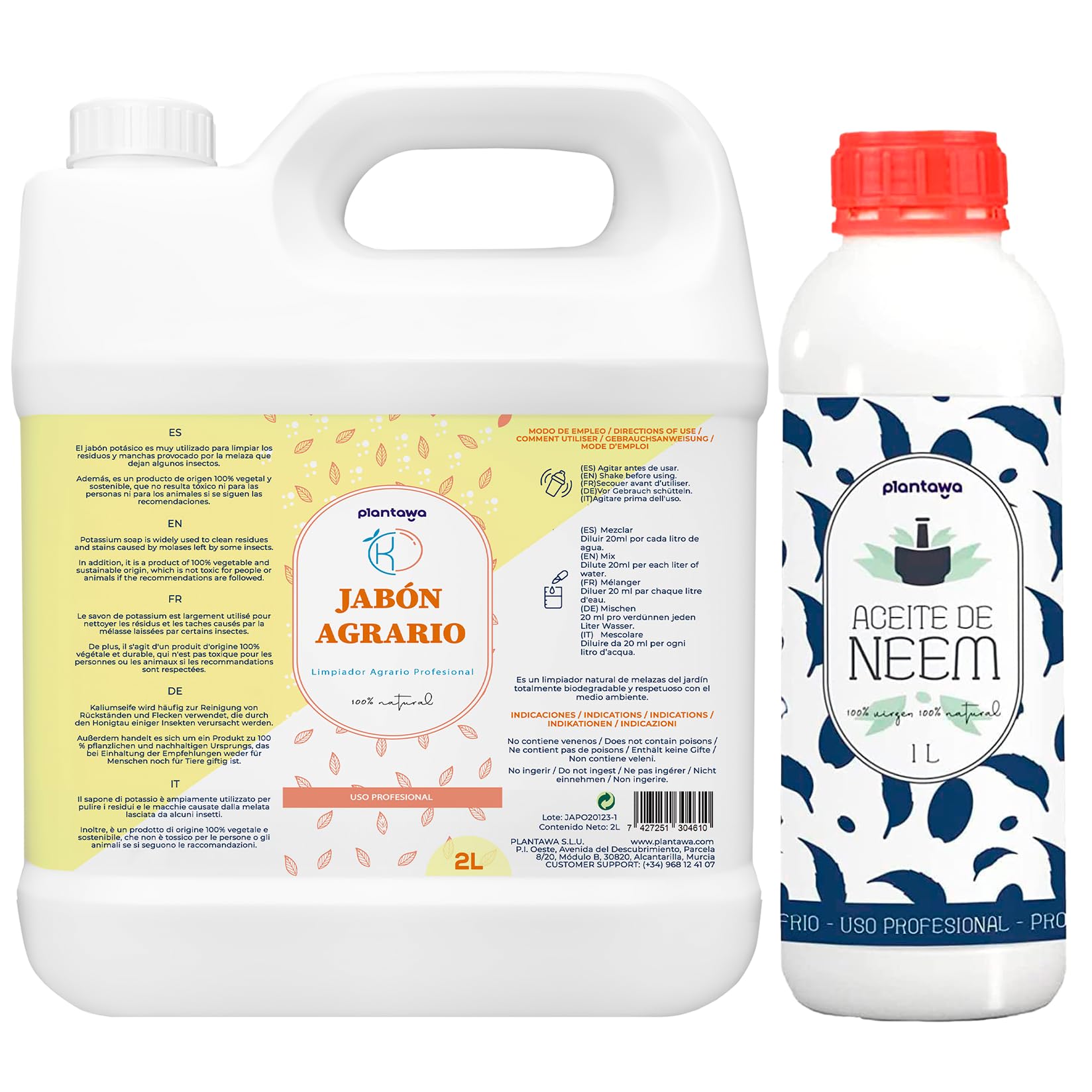 Pack Ahorro Jabón Potásico 2L + Aceite de Neem 1L, 100% Natural Protección Huerto, Sostenible, Alta Concentración, Mosca Blanca, Araña Roja, Pulgón, Cochinilla