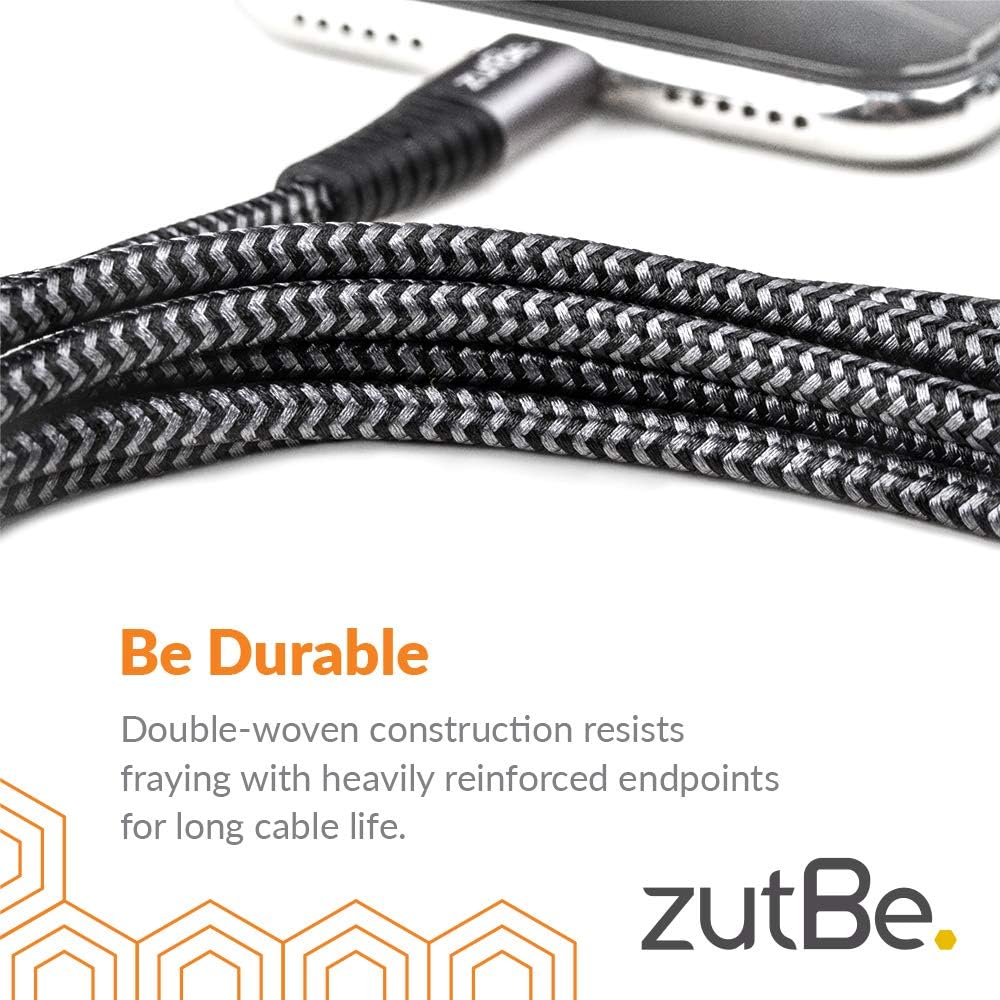zutBe Shield Silver&Black MFi Certified Lightning Cable, Reinforced Braided Kevlar Charger Compatible with All iPhone 12, SE, 11, X, 8, 7, 6, iPad, iPod [Be Charitable, Durable, Confident] (10 Ft)