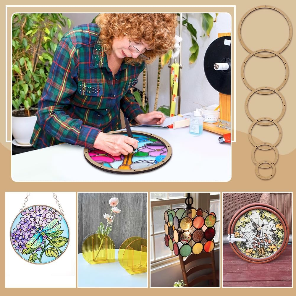 FINGERINSPIRE 6PCS Stained Glass Circle Layout Frame 6 Sizes Glass Maker Templates MDF Burlywood Color Sheet Boards for Stained Glasses Round Shape Making Tool for DIY Crafts Handwork Project Making
