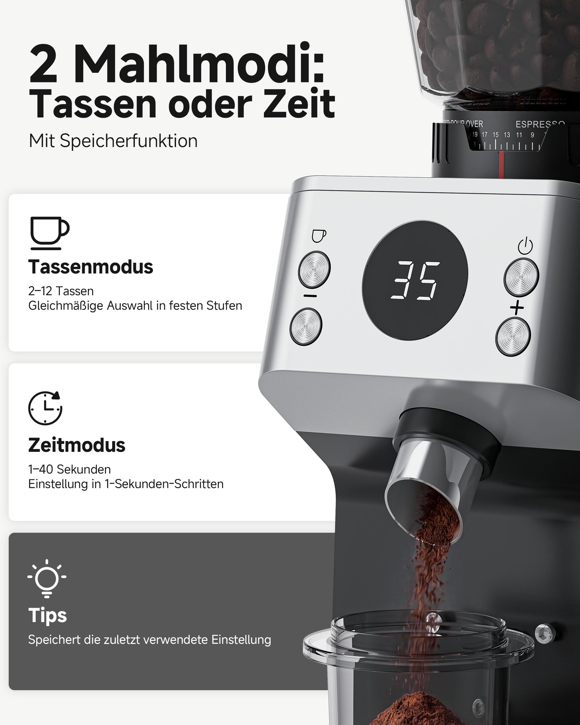 AAOBOSI Kaffeemühle Elektrisch, 45 Mahlgrade, 40 mm Edelstahl-Kegelmahlwerk | Plasma-Anti-Statik, Speicherfunktion, Zeit-/Tassenprogramm, 300-g-Bohnenbehälter, für Espresso & Filterkaffee