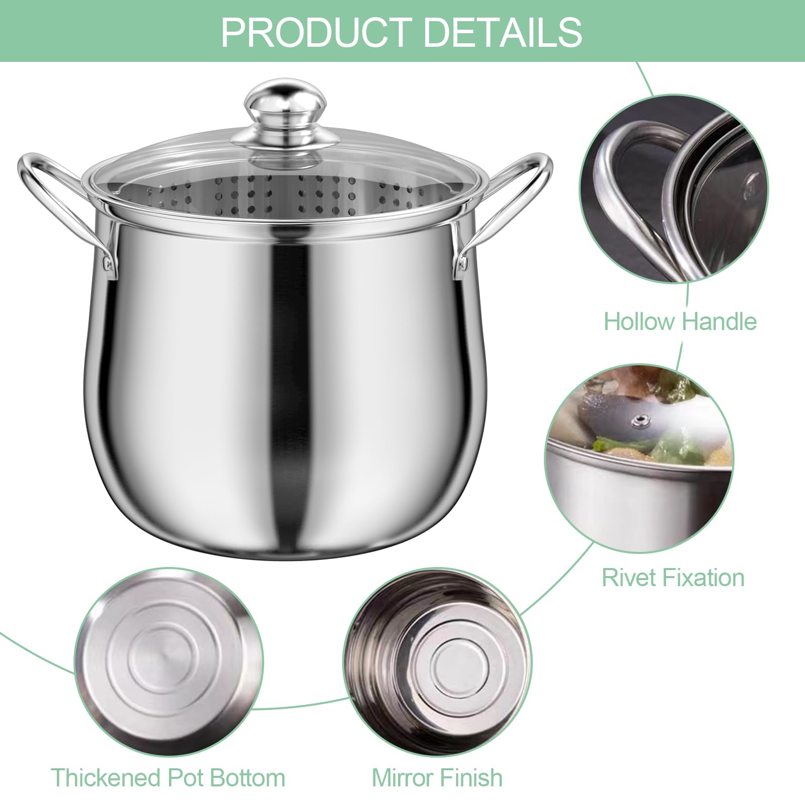 Pentola in Acciaio Inox 23,5 cm, Pentola per Pasta 7 Litri con Colino e Presina, Stockpot Capiente con Coperchio in Vetro, per Tutti i Piani Cottura, Adatta Alla Lavastoviglie