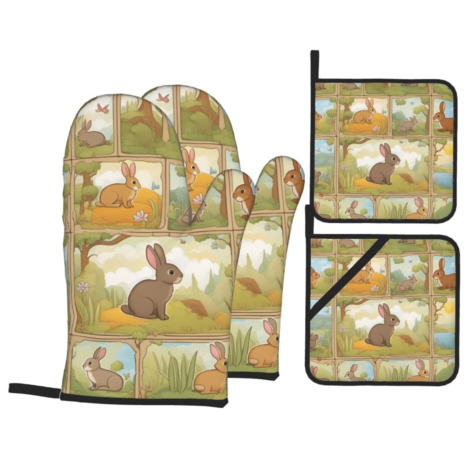 Cartoon Cute Animals Rabbit Print 4-Piece Oven Microwaving Set Kitchen Gloves for Holiday Cooking Baking Grilling
