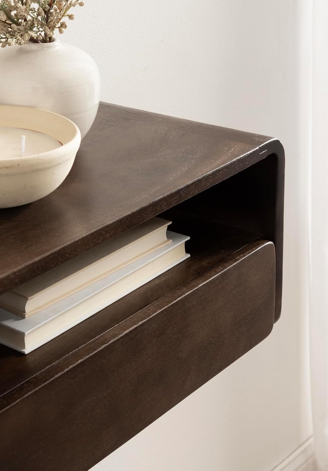 Kate and Laurel Kato Modern Mango Wood Floating Side Table with Drawer, 18 x 10 x 9, Dark Brown, Contemporary Wooden Floating Nightstand for Bedroom Bedside Table or Living Room Wall Storage