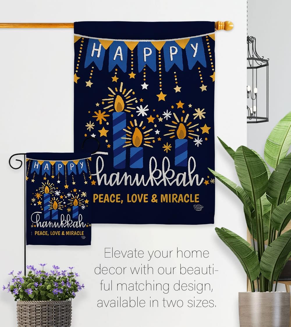 Peace Love Happiness House Flag - Winter Hanukkah Candle Bonsai Menorah Jewish Chanukah David - Decoration Banner Small Garden Yard Gift Double-Sided Made in USA 28 X 40