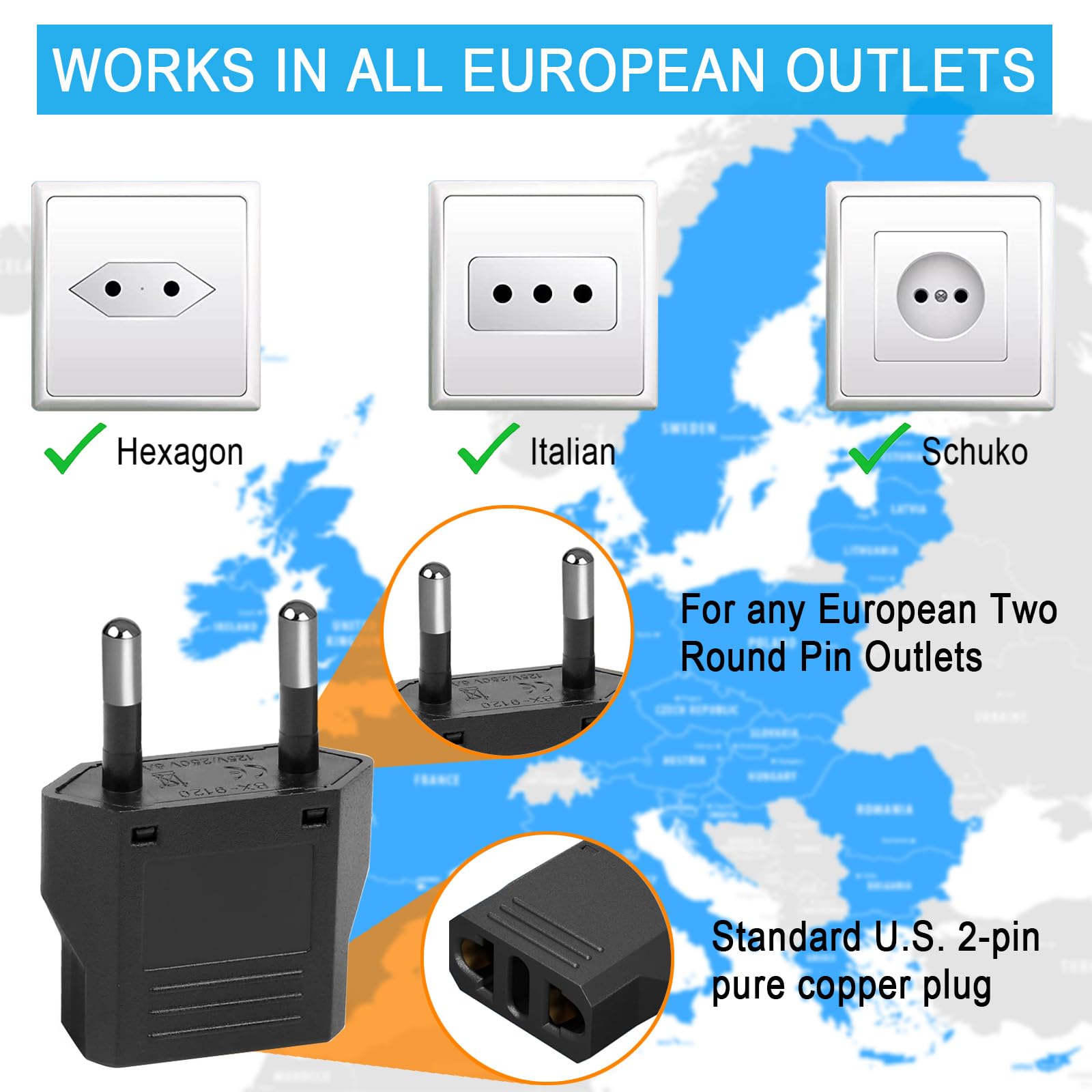 Confezione da 6 adattatori da viaggio da US a Europa, adattatore da viaggio UE, adattatore da parete, adattatore di alimentazione (nero)