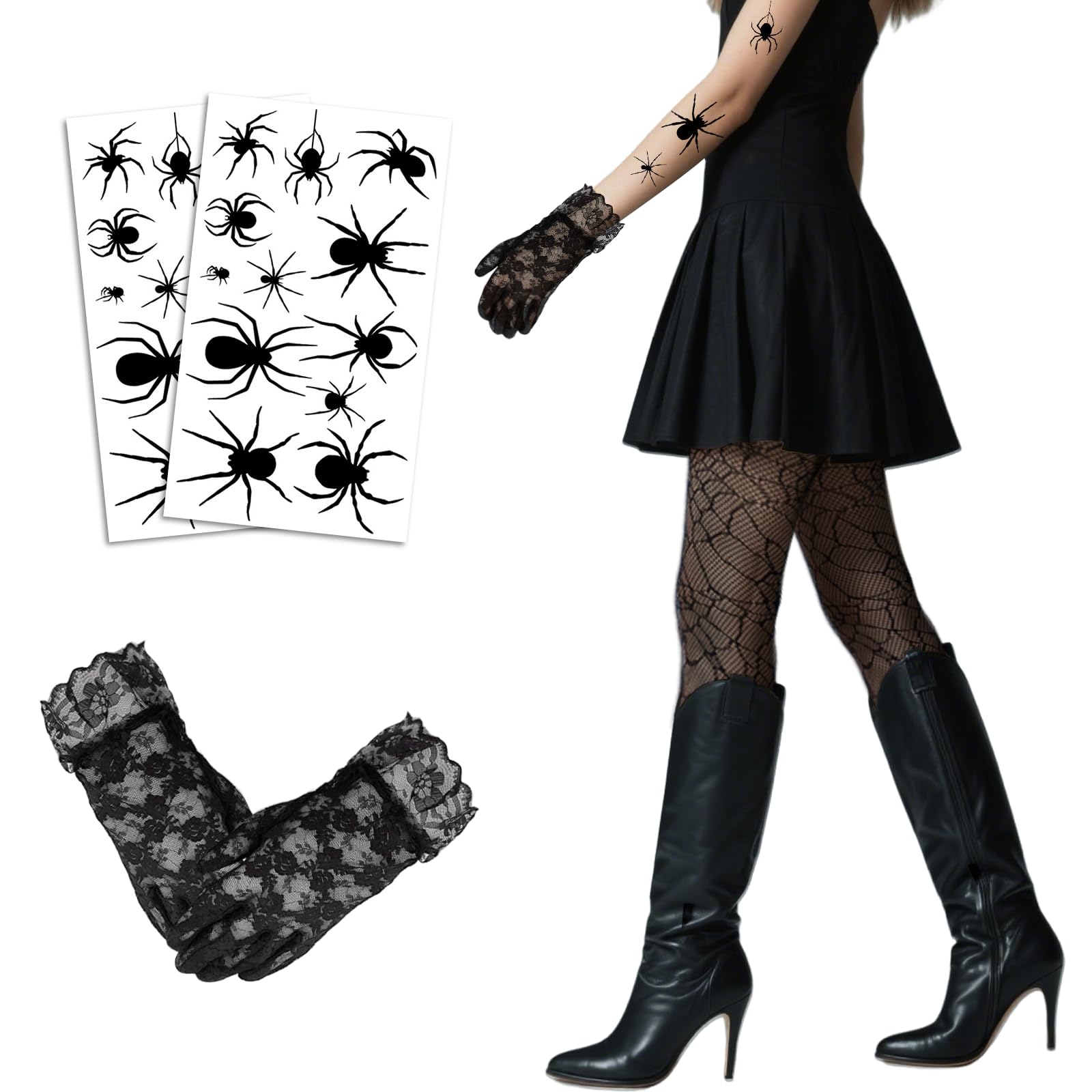 Lufdegim Pack of 4 Halloween Spider Accessories, Women's Spider Costume, Lace Gloves, Fishnet Tights