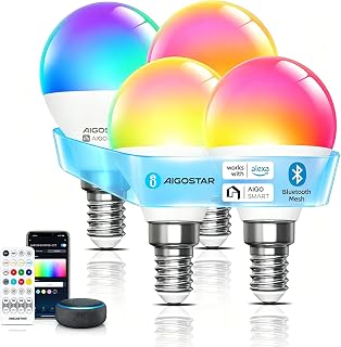 Aigostar Bombilla inteligente E14, G45, 6.5W, 555 LM, 4Uds