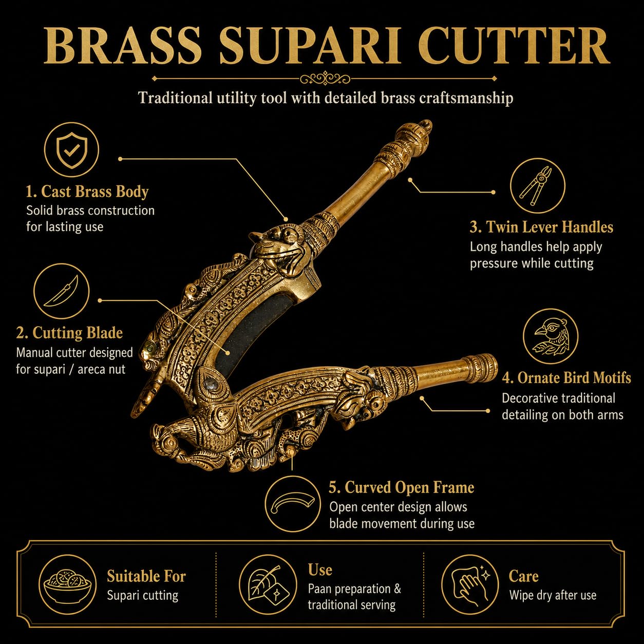 Kartique Brass Supari Cutter Nut Cracker Sarota, Peacock Shape, 8 Inch