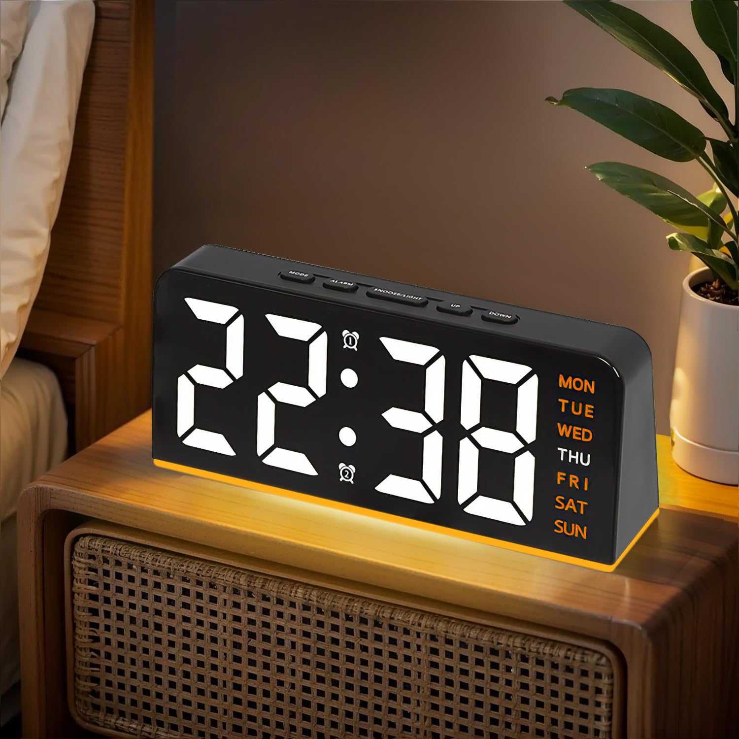 6.8'' Digital Alarm Clock, Necomi LED Digital Clock with Ambient Light, with Day/Date/Temperature/ 12/ 24H/ Dual Alarm/Snooze, Bedside Desk Table Clock, for Office Bedroom Kids Elderly(Orange) 6.8in Orange