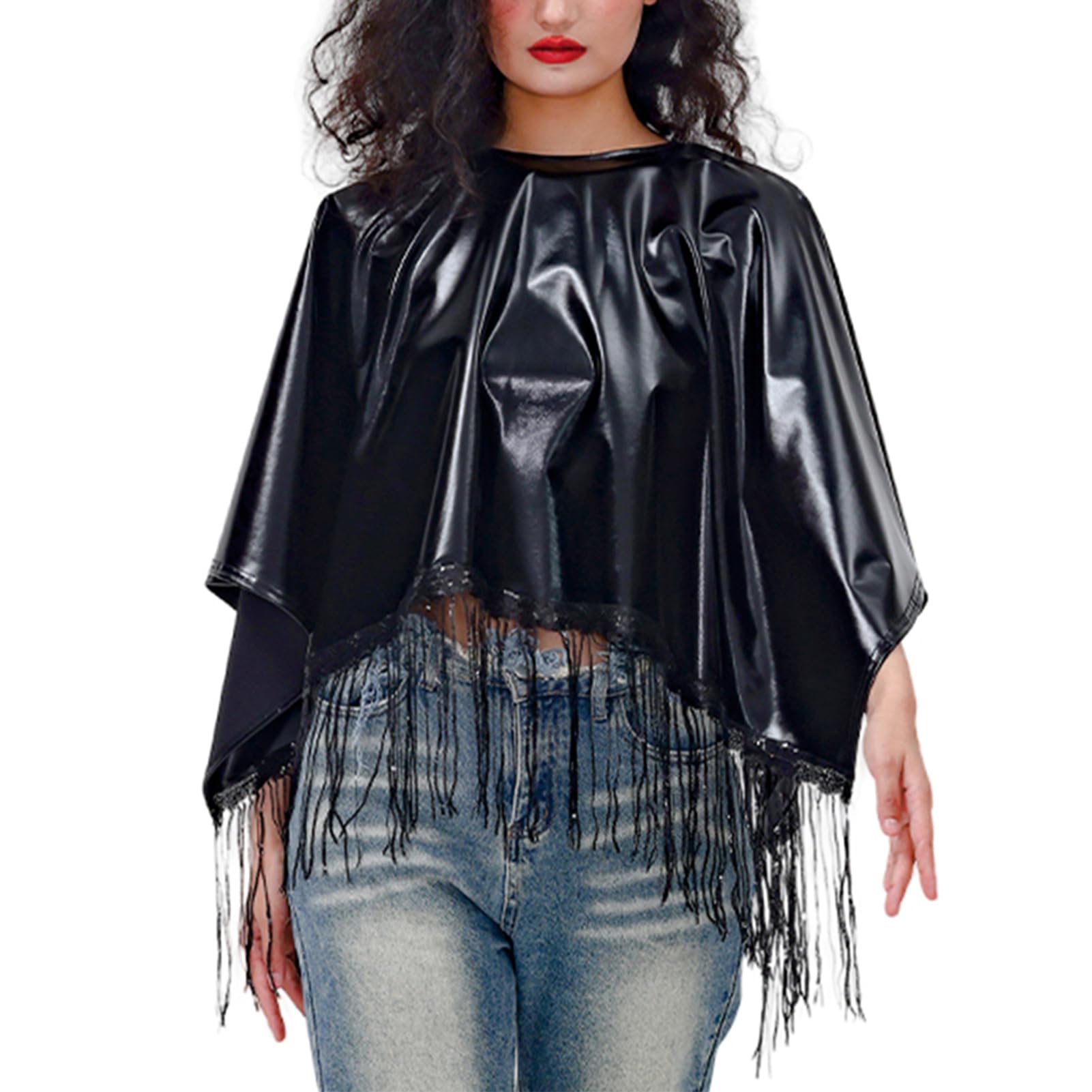 AGYMNX Women Metallic Shawl: Loose Laser Tassel Sequins Cape - Fashion Poncho Top Cover Up for Music Festival, Rock, Concert, Carnival black One size fit — image 1