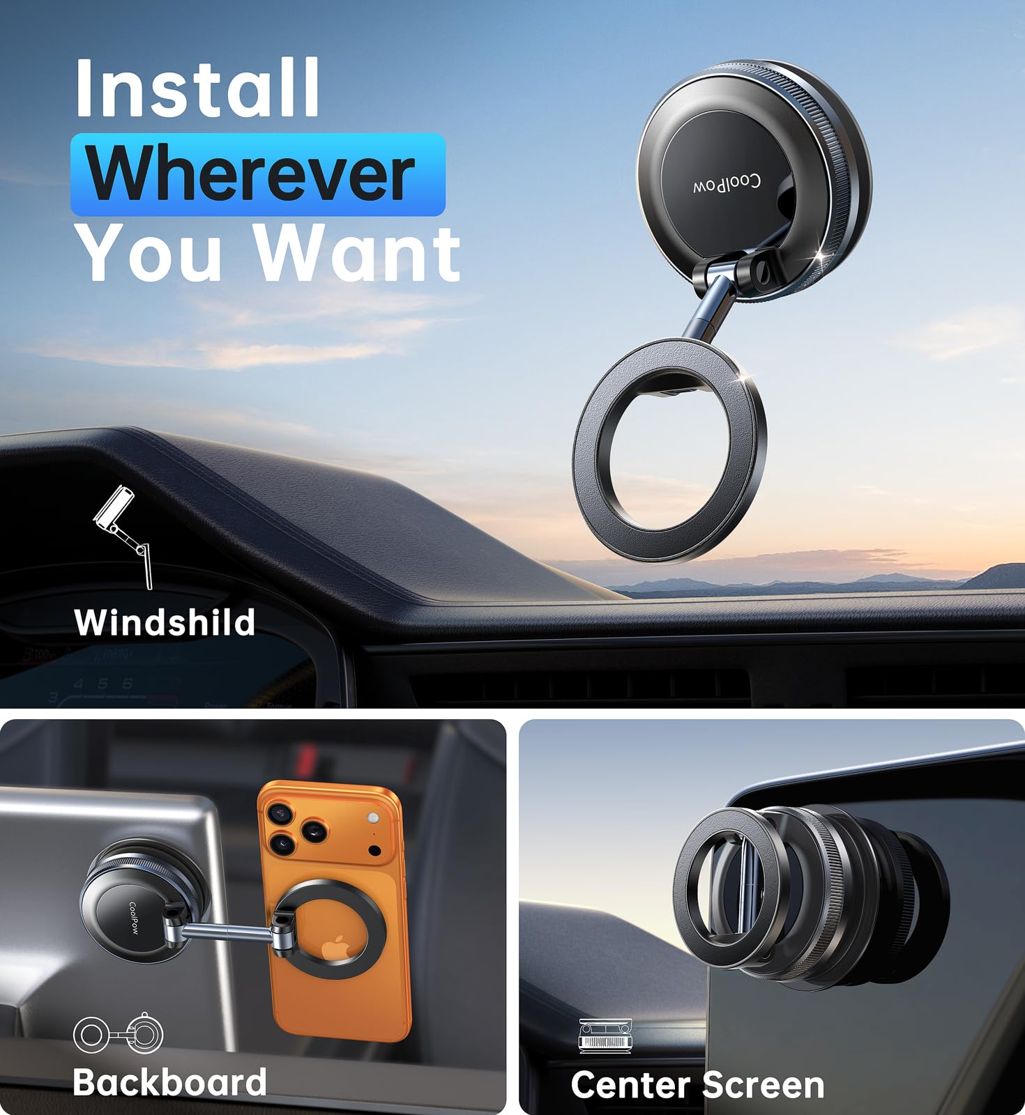 Coolpow Newest Vacuum Magnetic Phone Holder for Car Phone Holder Mount Movable Vacuum Suction carmount 2 0 Magsafe — view 2