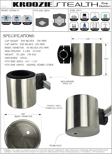 Miniatura 2 de Kroozie Stealth Bike - Portavasos para bicicleta, color negro brillante, el mejor accesorio para manillar para tu viaje, se adapta a todas las