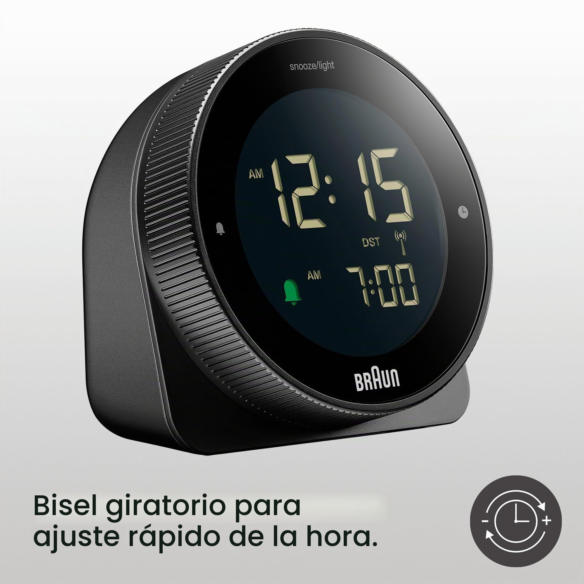 Braun Reloj Despertador Digital controlado por Radio para Zona horaria de Europa Central (DCF), Pantalla LCD inversa, Bisel Giratorio para Ajuste rápido de la Hora, Blanco, Modelo BC24B-DCF