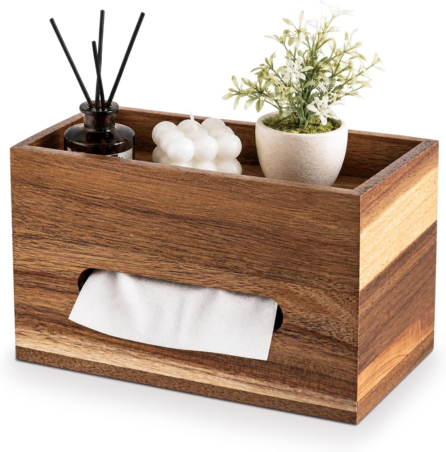 Wenqik Rectangle Wooden Tissue Box Cover with Storage Organizer, Decorative Tissue Holder Box for Bathroom, Living Room, Office Desk, Farmhouse, 9.84 x 5.5 x 5.9 Top Tray for Remote Controls, Perfume