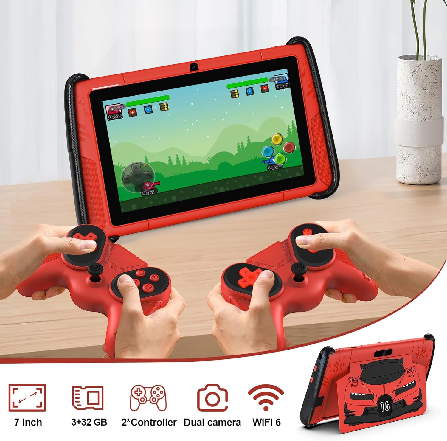7 Inch Kids Tablet with Case, Android 15 Tablet for Children with Game Controllers, 3GB RAM+32GB ROM, Parental Control, Pre-Installed Kids Software, (Red)