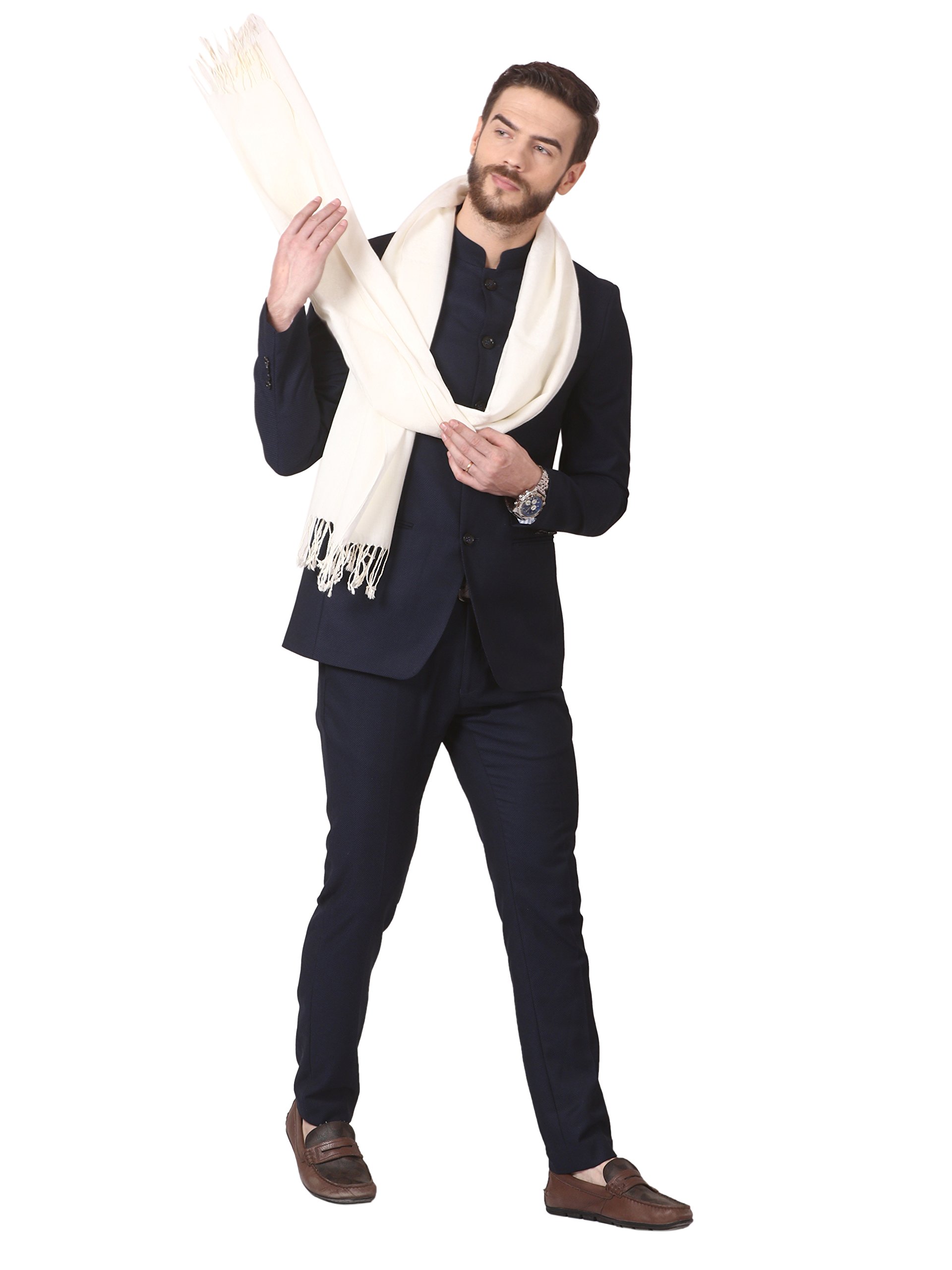 Pashtush Jaquard Weave Stole for Men, Fine Wool Stole, Light Weight, Woven Embelished Design, Mens Scarf (White) 2