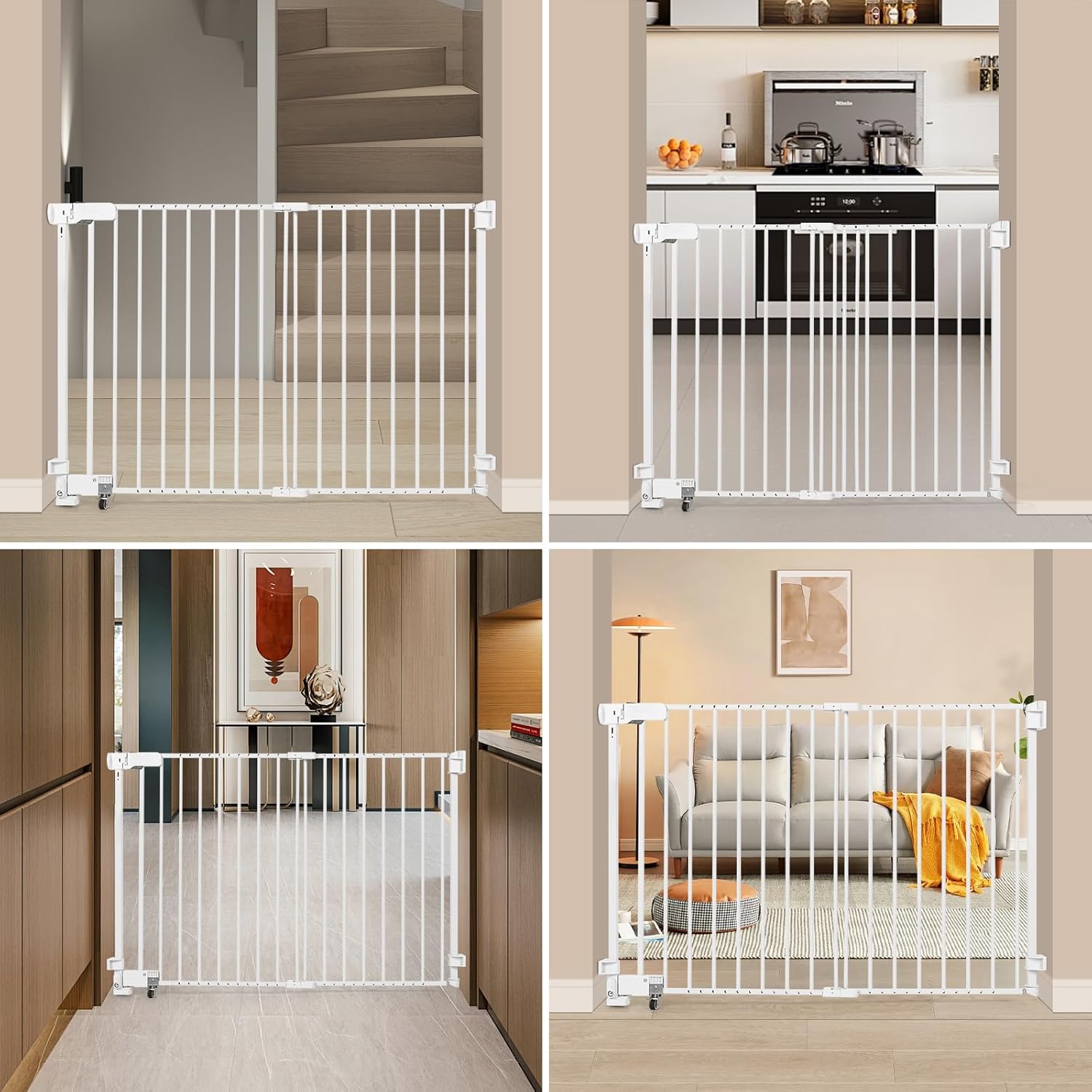 No Bottom Bar Baby Gate, 37 inch Tall Cat Pet Gate for Doorway, Adjustable 27.5in- 43 in Dog Gate with Large Walk Thru Door (White, 37inch)