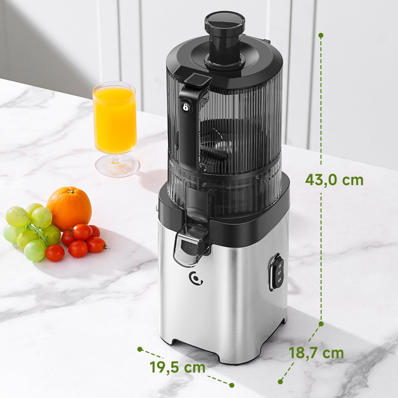 AMZCHEF Estrattore di Succo a Freddo, 158 mm Bocca Larga per Frutta e Verdura Intera, 2.5 L, Facile da Pulire, 2 Filtri per Succo e Gelato, per Famiglie, Genitori e Colazione