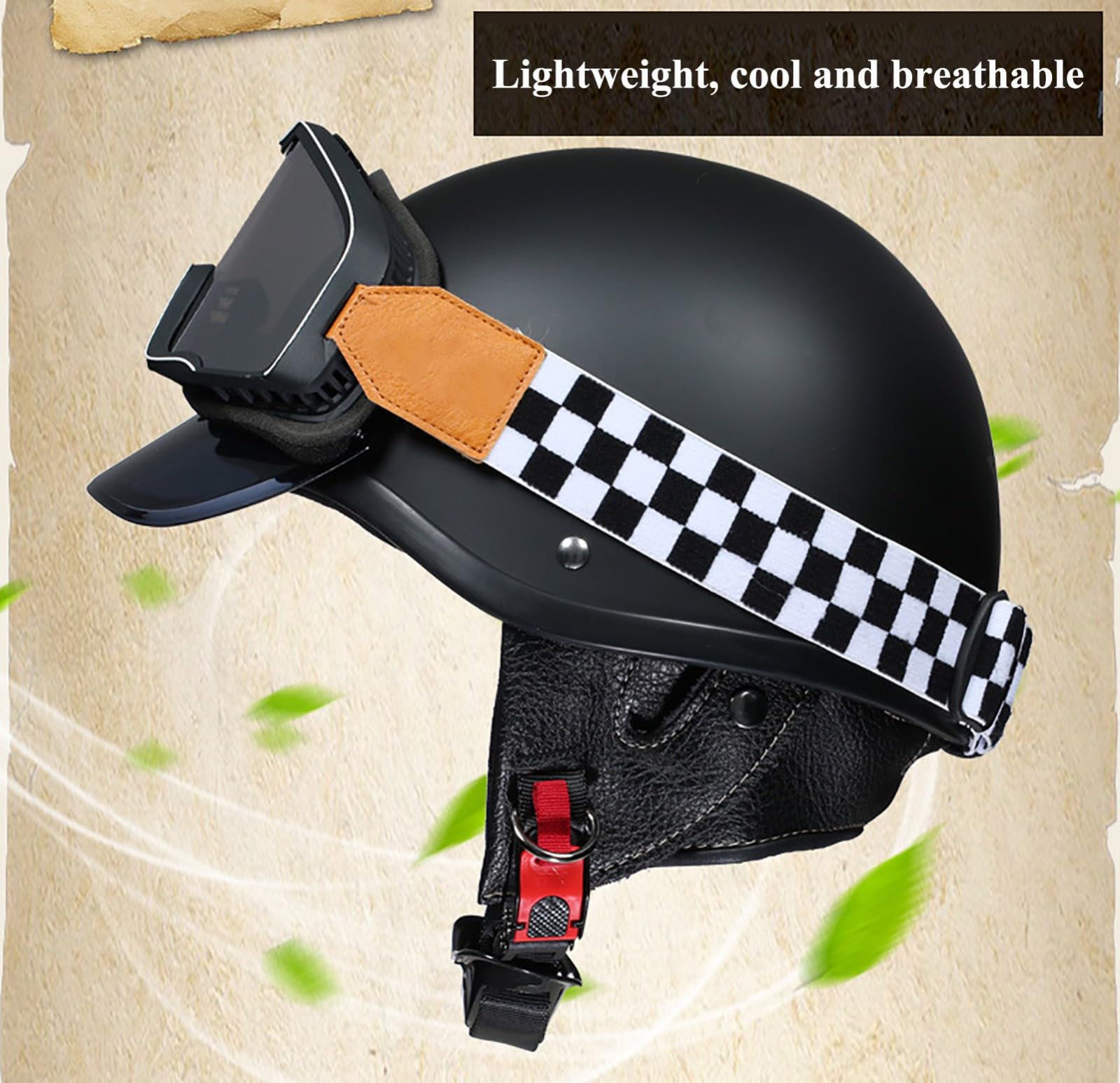 Kask motocyklowy retro (pół kasku) dla dorosłych (mężczyźni i kobiety), odpowiedni do motorowerów, cruiserów i skuterów wodnych. Zatwierdzony DOT/ECE, lekki i z systemem wentylacji.