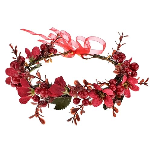 TOECWEGR Diadema de Navidad, corona de flores, corona floral de bayas rojas, corona de cono de pino, bosque, bosque, boda Halo (SD-A)