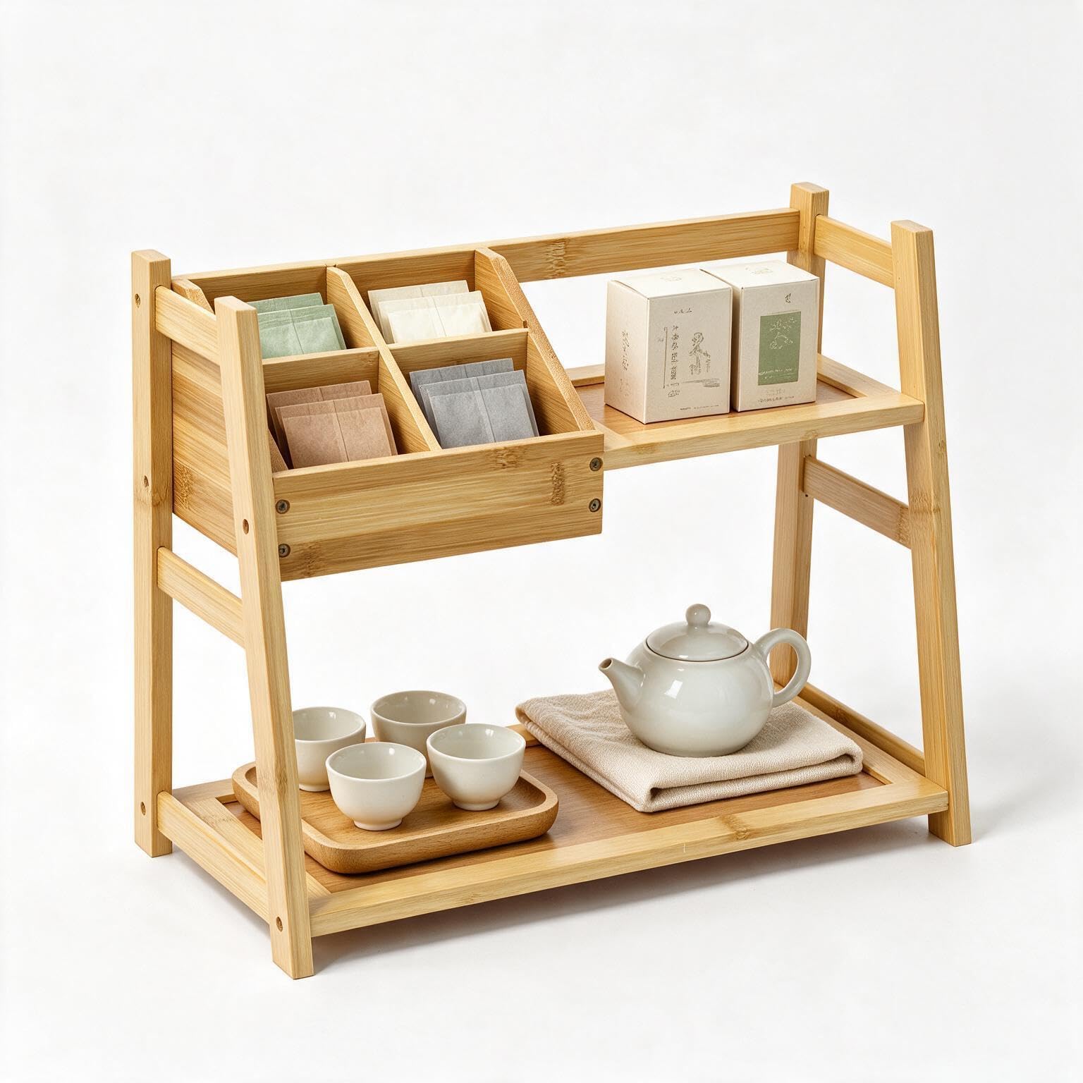 Lnncdse 2-Tier 4-Grid Tea Organizers and Storage with Adjustable Grid Sections