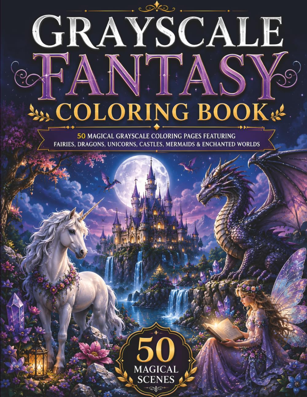Grayscale Fantasy Coloring Book: 50 Magical Grayscale Coloring Pages Featuring Fairies, Dragons, Unicorns, Castles, Mermaids & Enchanted Worlds for ... Teens (BrightNova Grayscale Coloring Books)