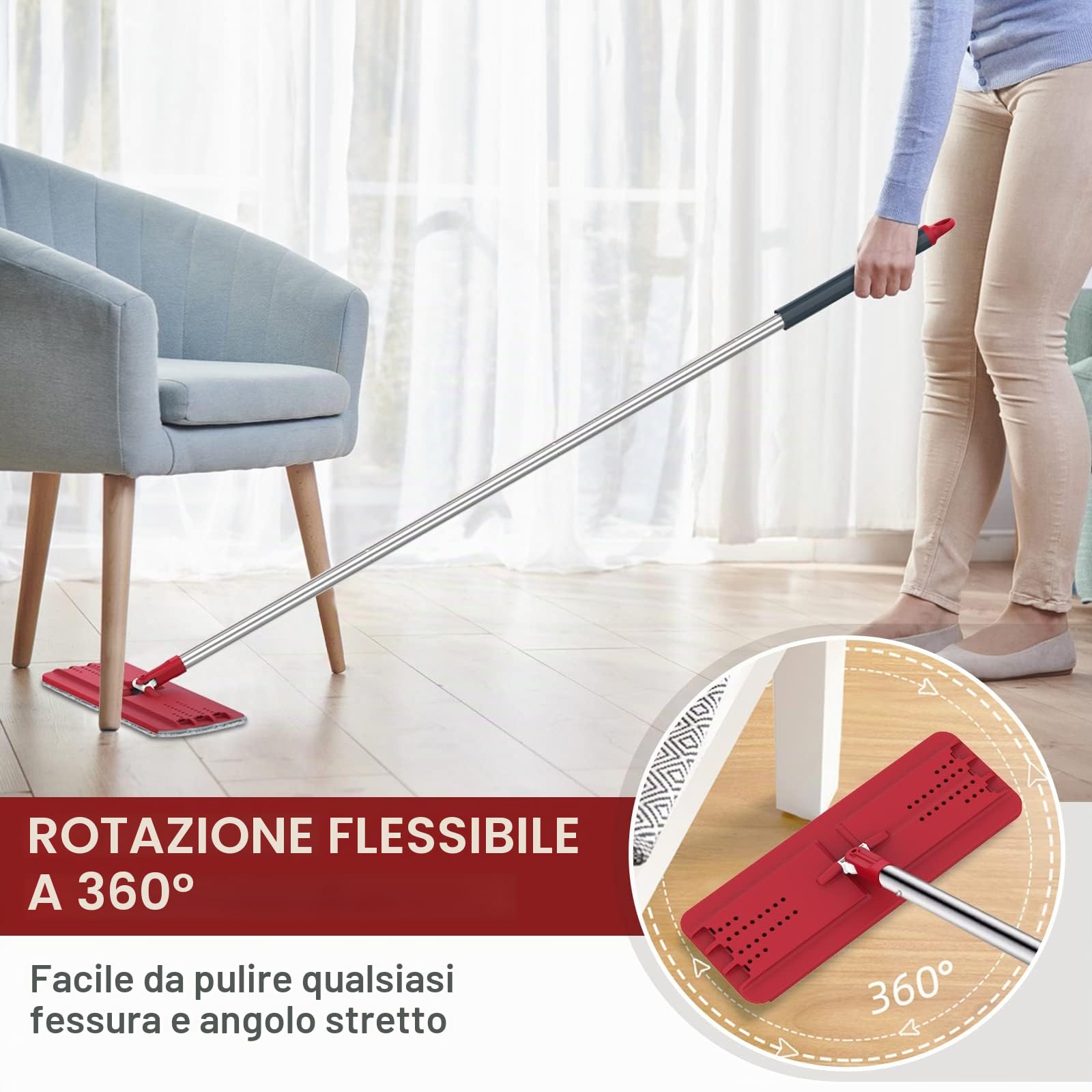 BOSHENG Mocio e secchio con strizzatore, mocio piatto e secchio mani libere, 3 panni in microfibra lavabili inclusi, uso bagnato e asciutto, sistema di pulizia del pavimento domestico, nero e rosso