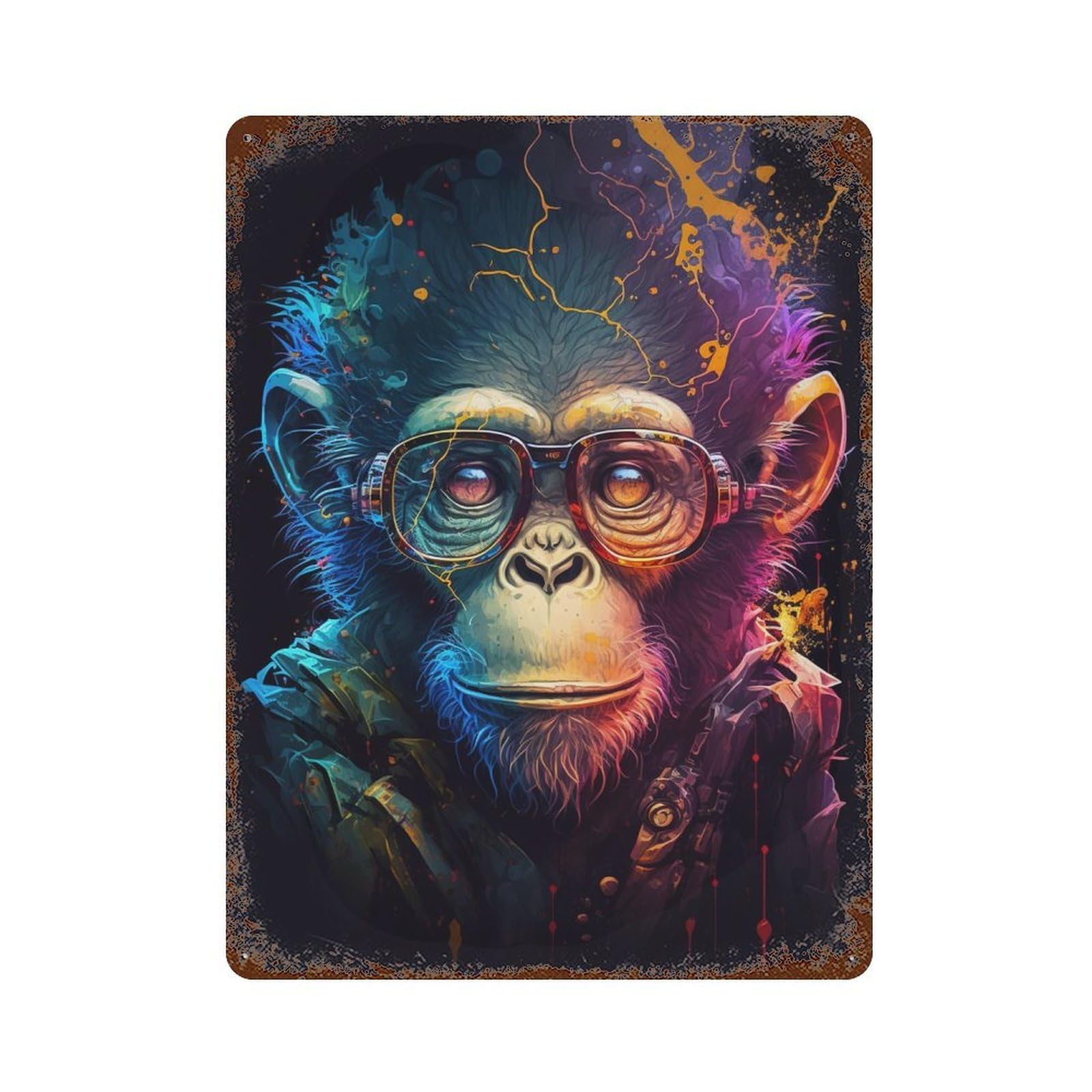 Garage Style Colorful Monkey Art Print-2 Rusty Metal Tin Sign 15.7"x11.8", Classic Wall Plaque for Bar And Workshop