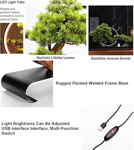 Miniatura 7 de Árbol artificial con anillo de lámpara, pino de bienvenida zen en maceta sintética con incienso de reflujo, simulación realista, planta verde bonsái