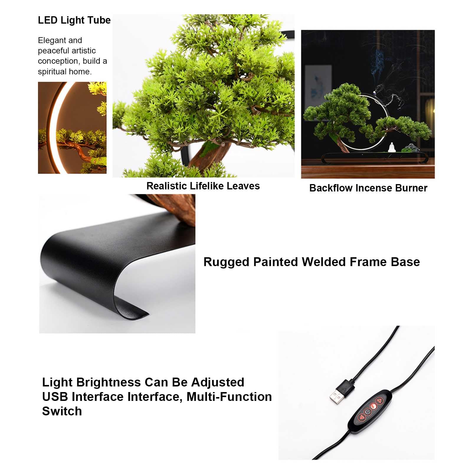 Sztuczne drzewo z pierścieniem lampy, sztuczna doniczkowa sosna powitalna Zen, kadzidło z przepływem wstecznym, realistyczna symulacja bonsai do domowego biura biurka sypialni domu wiejskiego